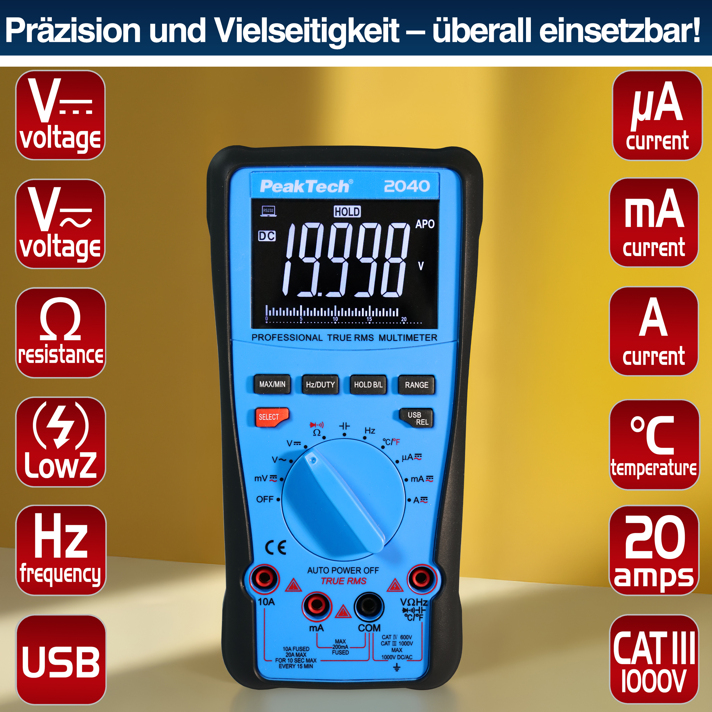 «PeakTech® P 2040» Multimètre TrueRMS 1000V, 20000 compteurs, USB