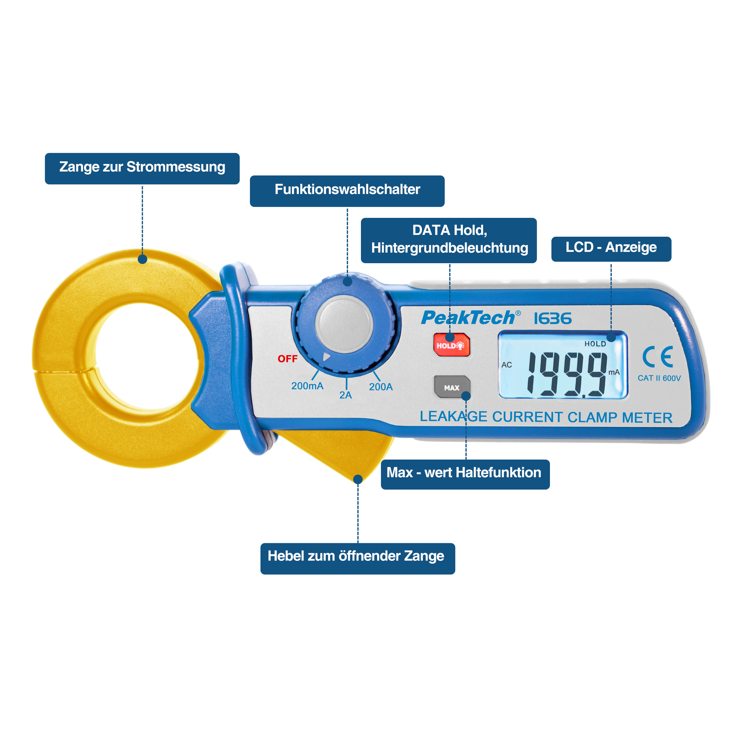 «PeakTech® P 1636» Zacisk prądu upływu o rozdzielczości 100 µA