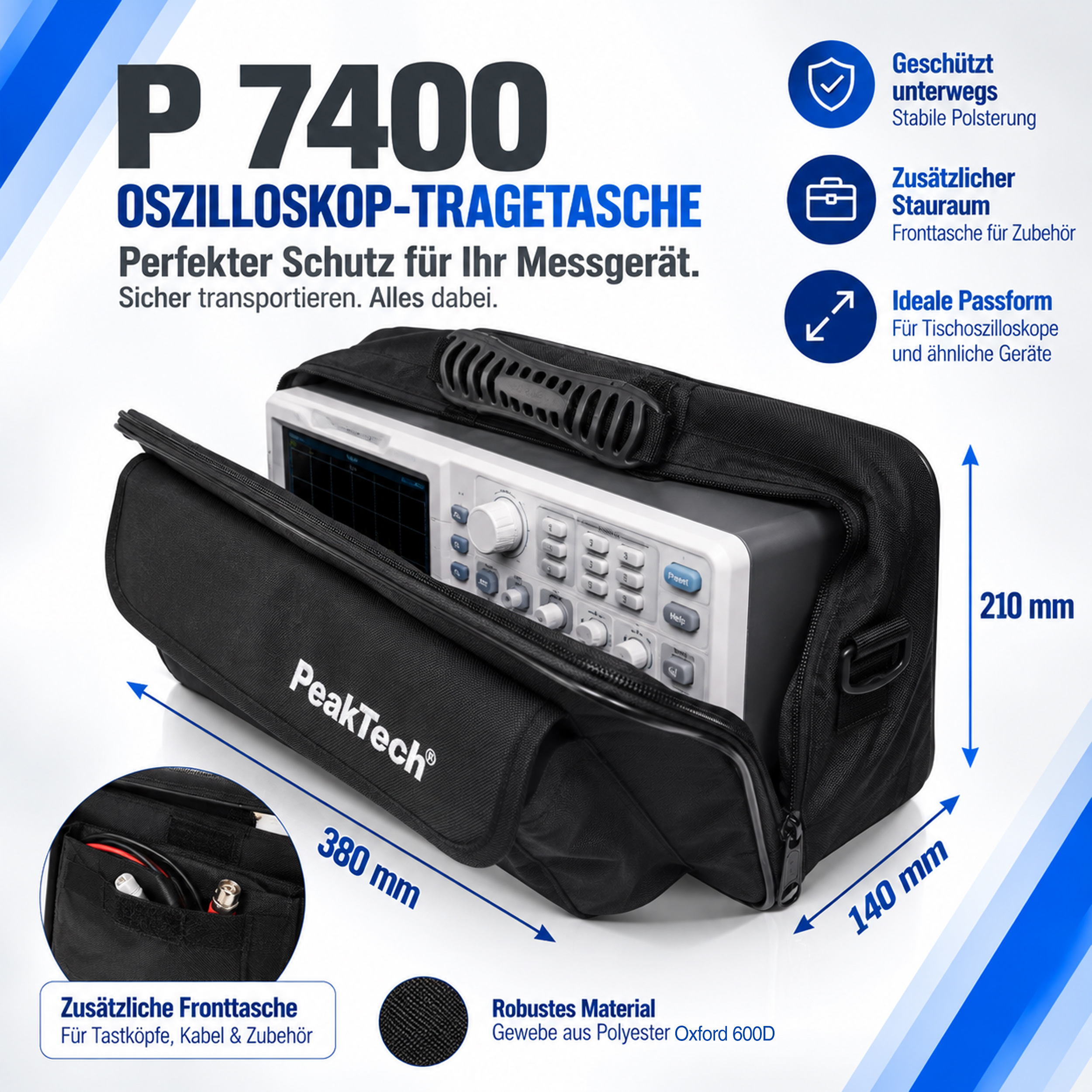 «PeakTech® P 7400» Carrying case for oscilloscopes and instruments 380x210x140 mm