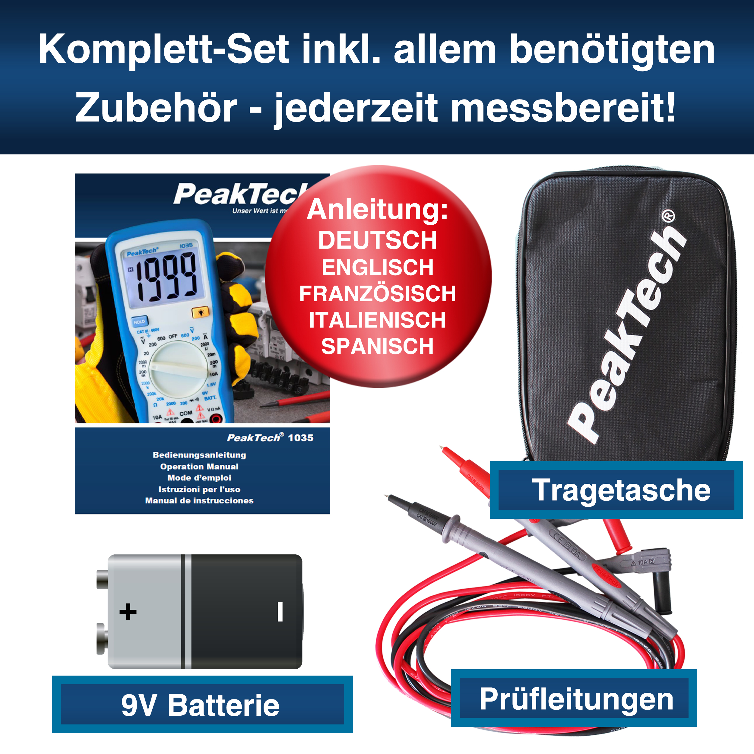 «PeakTech® P 1035» 600V AC/DC Digitalmultimeter ~ 2000 stellige LCD