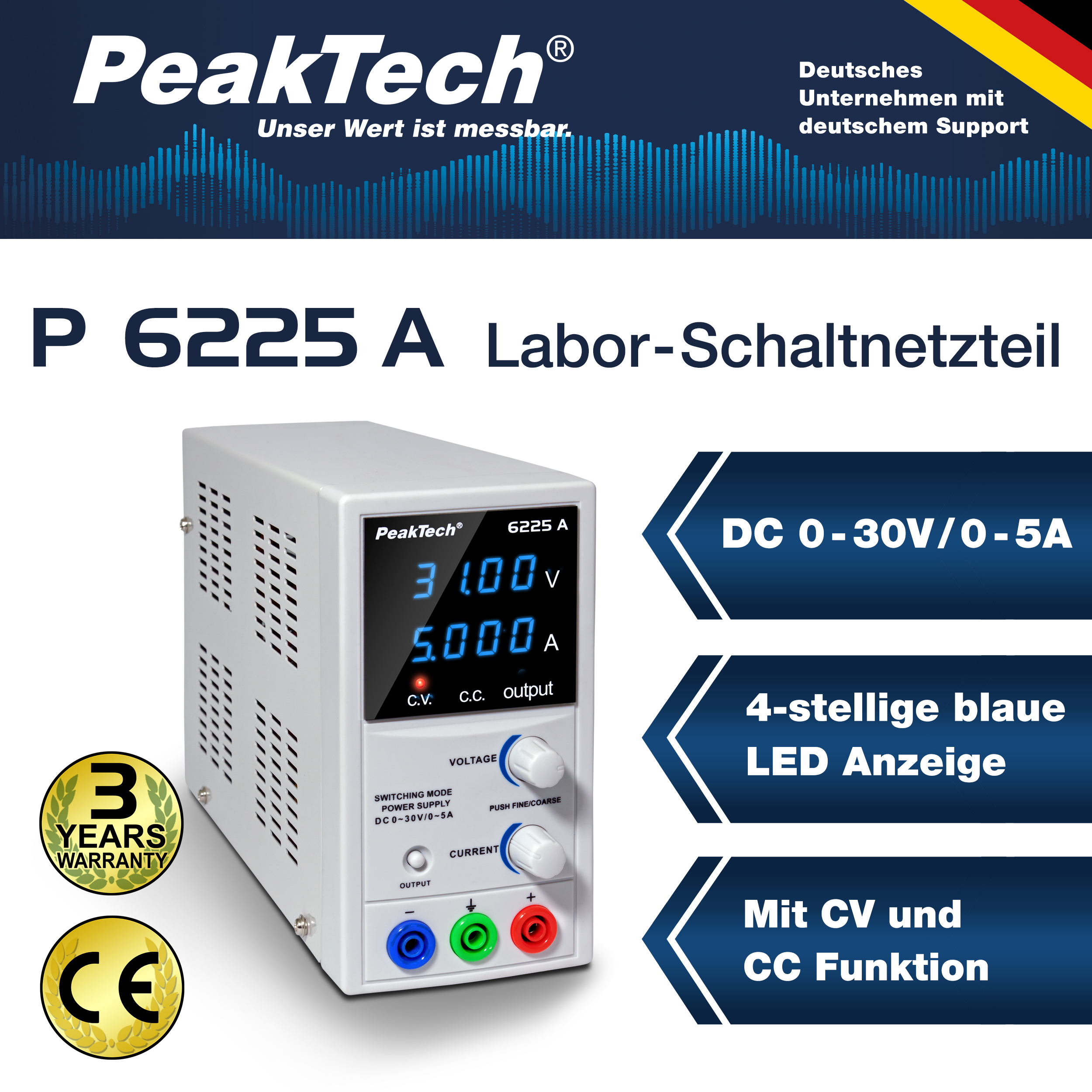 «PeakTech® P 6225 A» Zasilacz laboratoryjny 0 - 30 V / 0 - 5 A DC