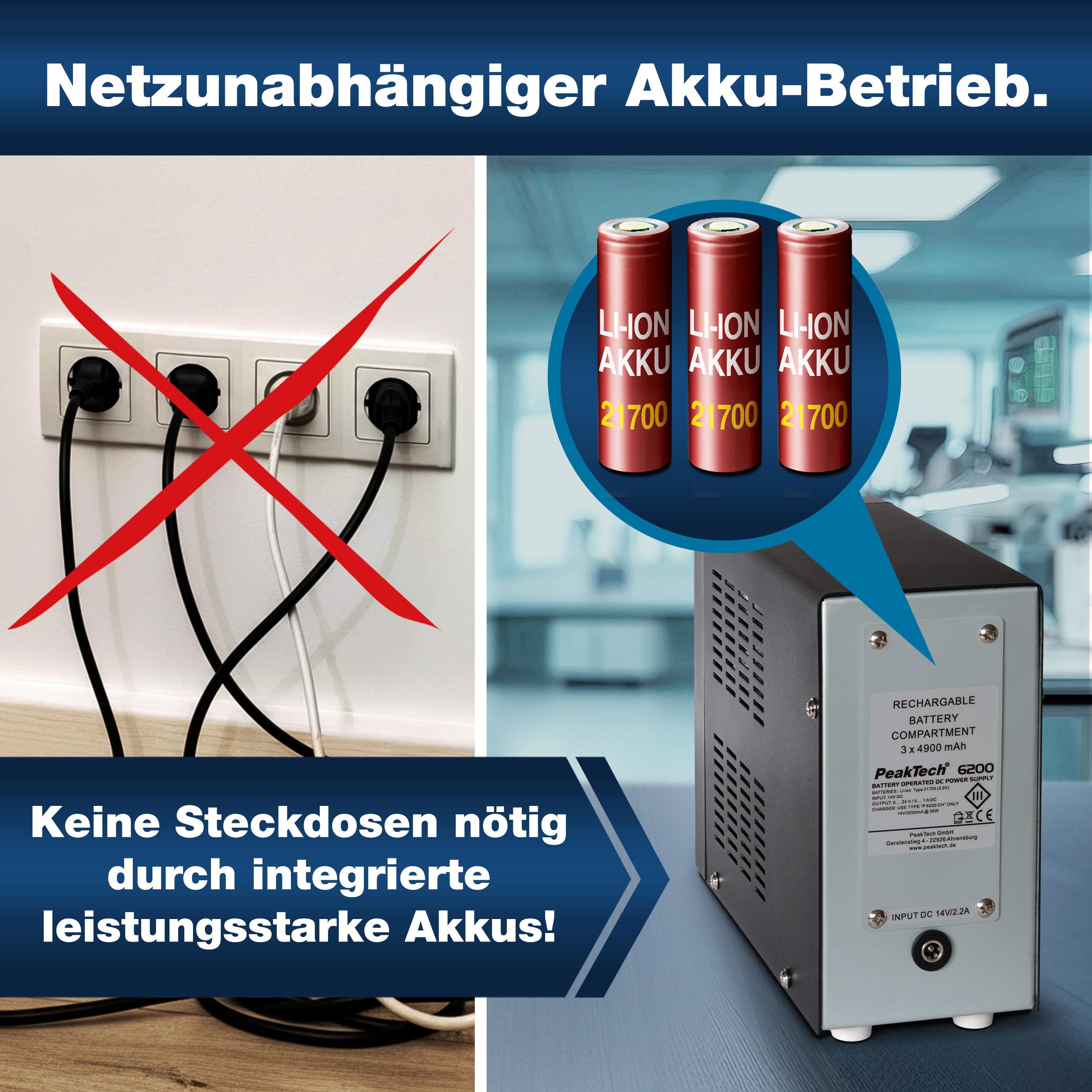 «PeakTech® P 6200» Fuente de alimentación a batería 0...24 V / 0...1 A DC