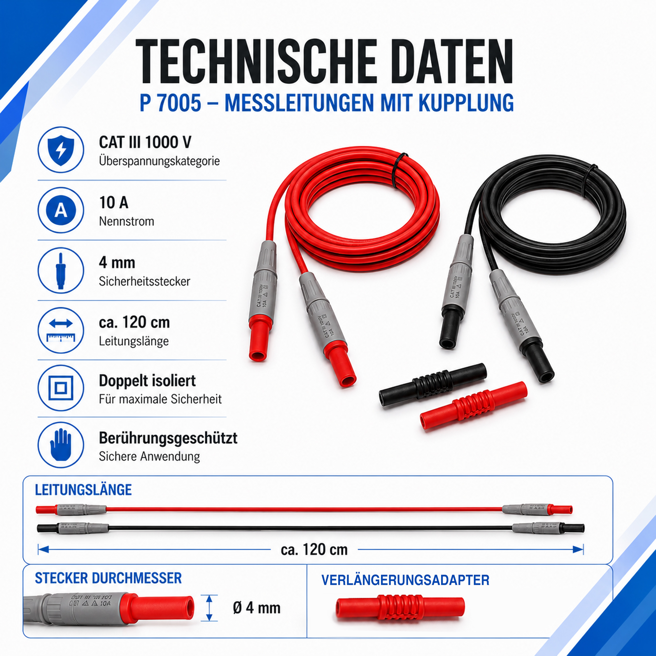 «PeakTech® P 7005» Test Leads for Digital Multimeter with extension