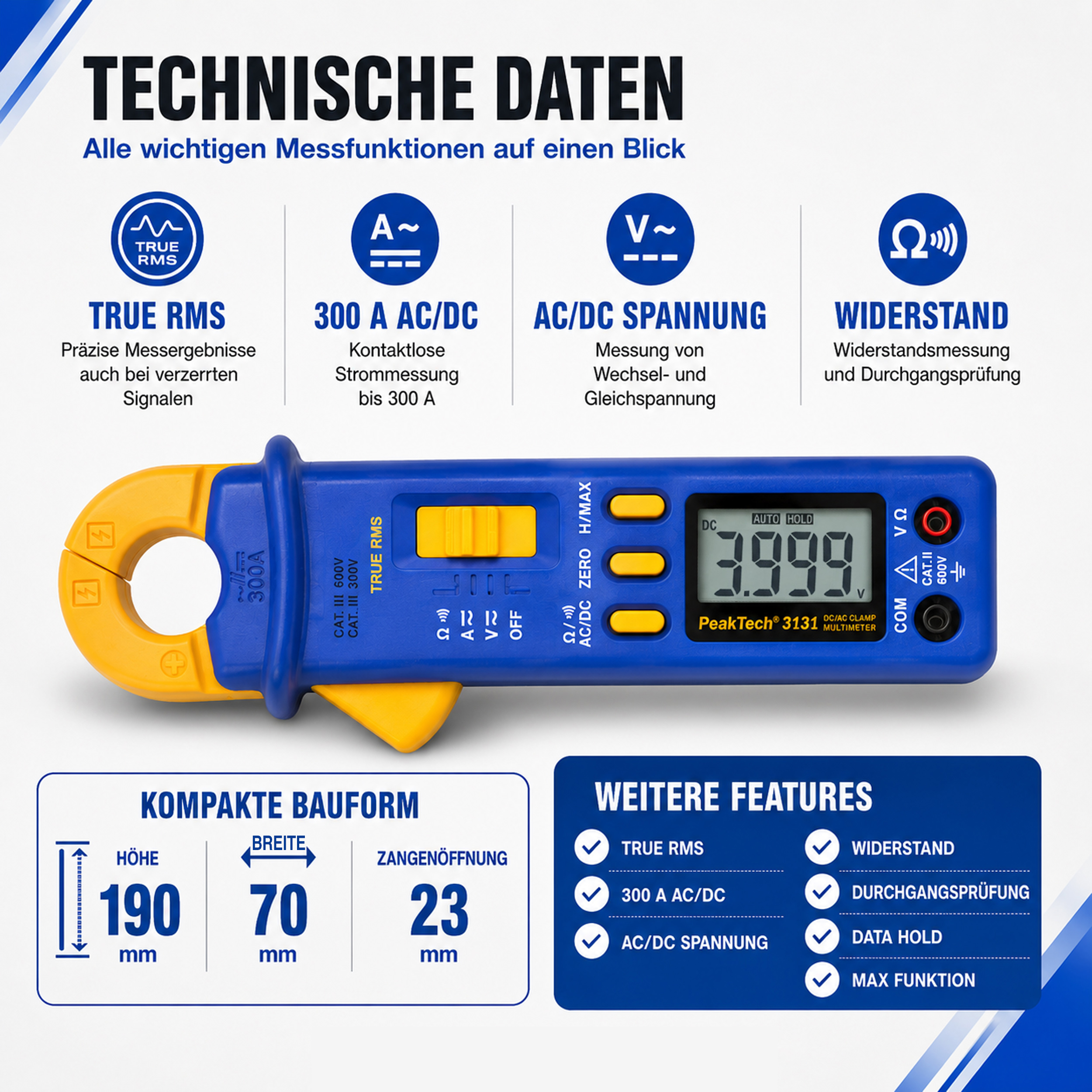 «PeakTech® P 3131» True RMS clamp meter, 4,000 counts