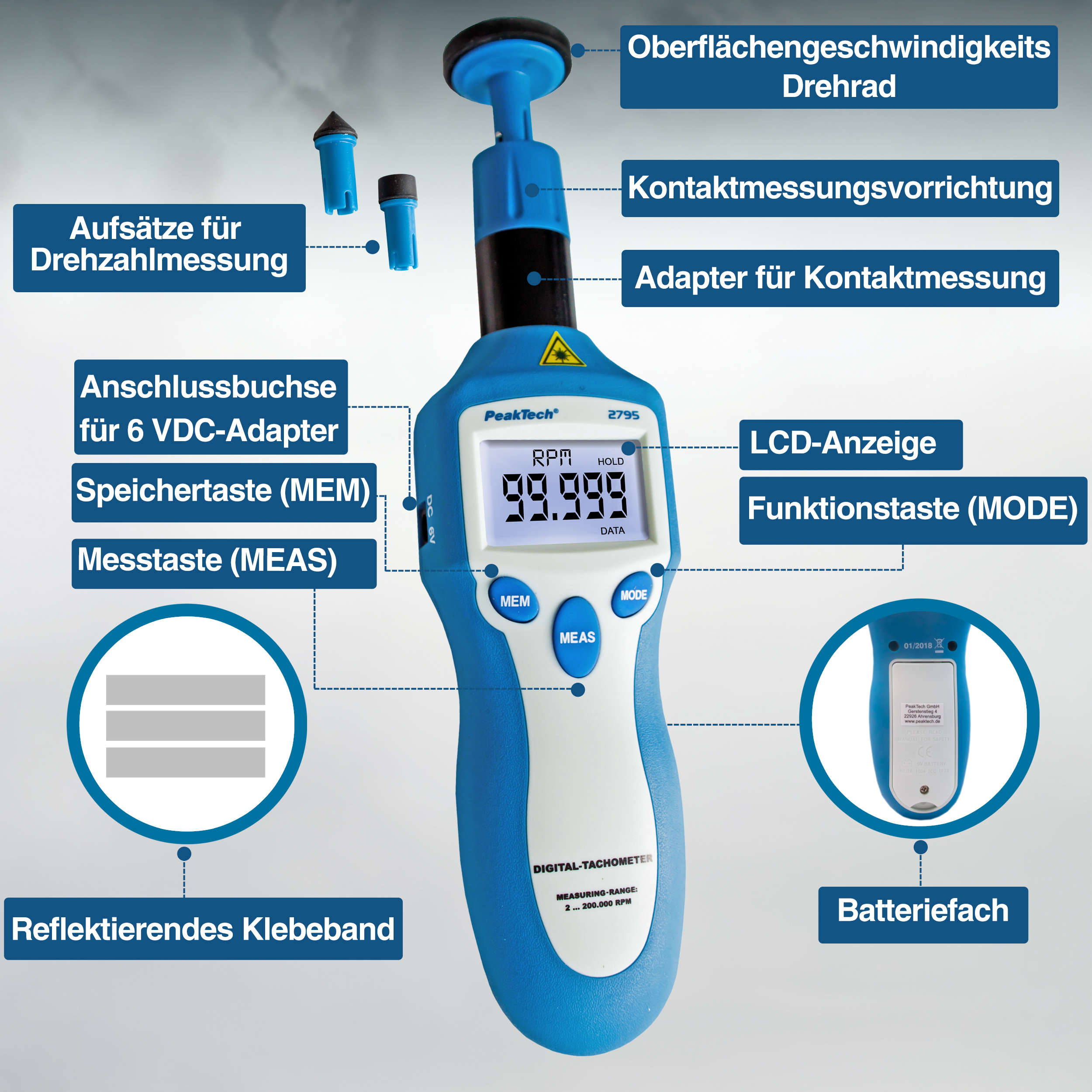 «PeakTech® P 2795» Drehzahlmessgerät Photo-Kontakt-Typ mit Laser