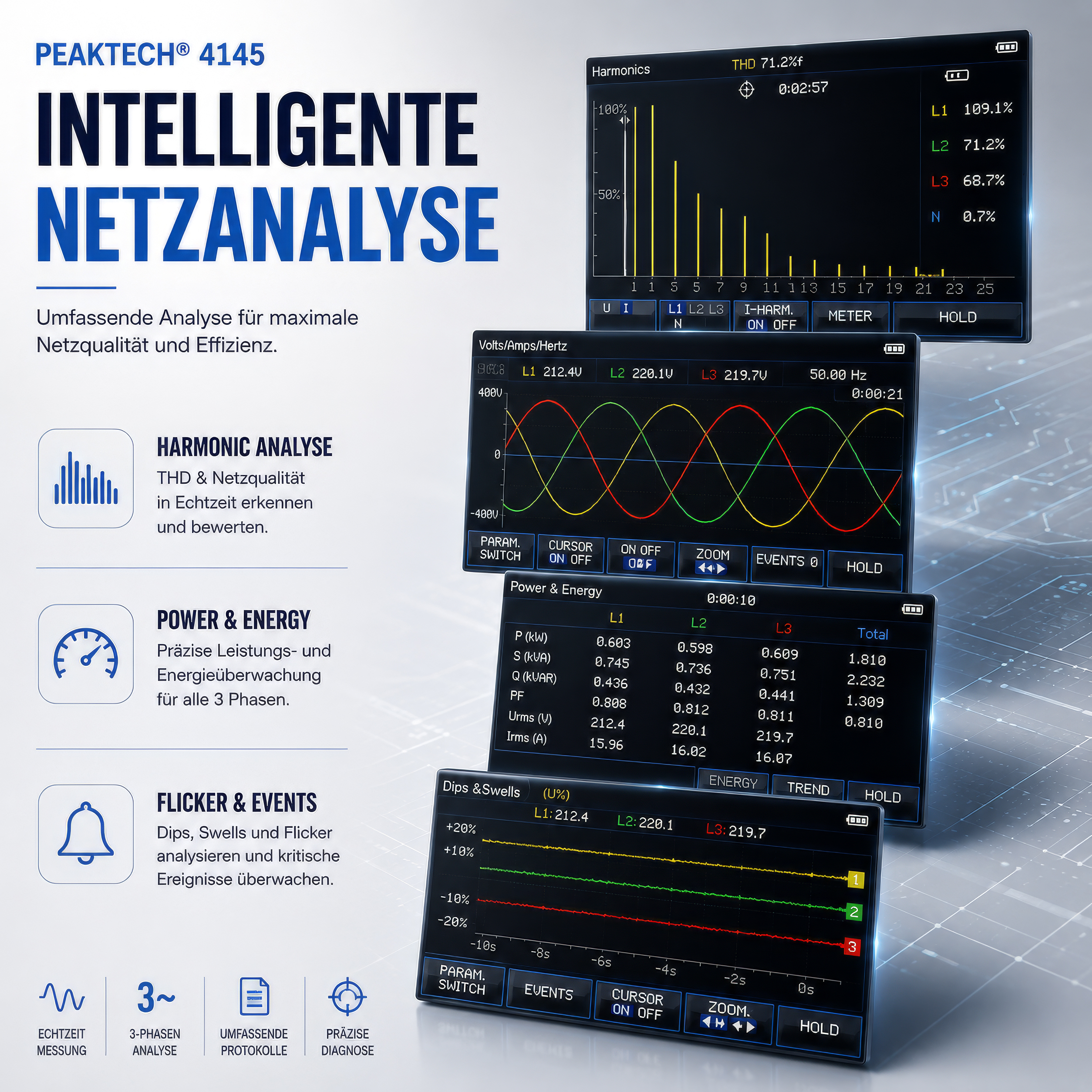 «PeakTech® P 4145» 3 - Phasen Analysator mit Datenlogger