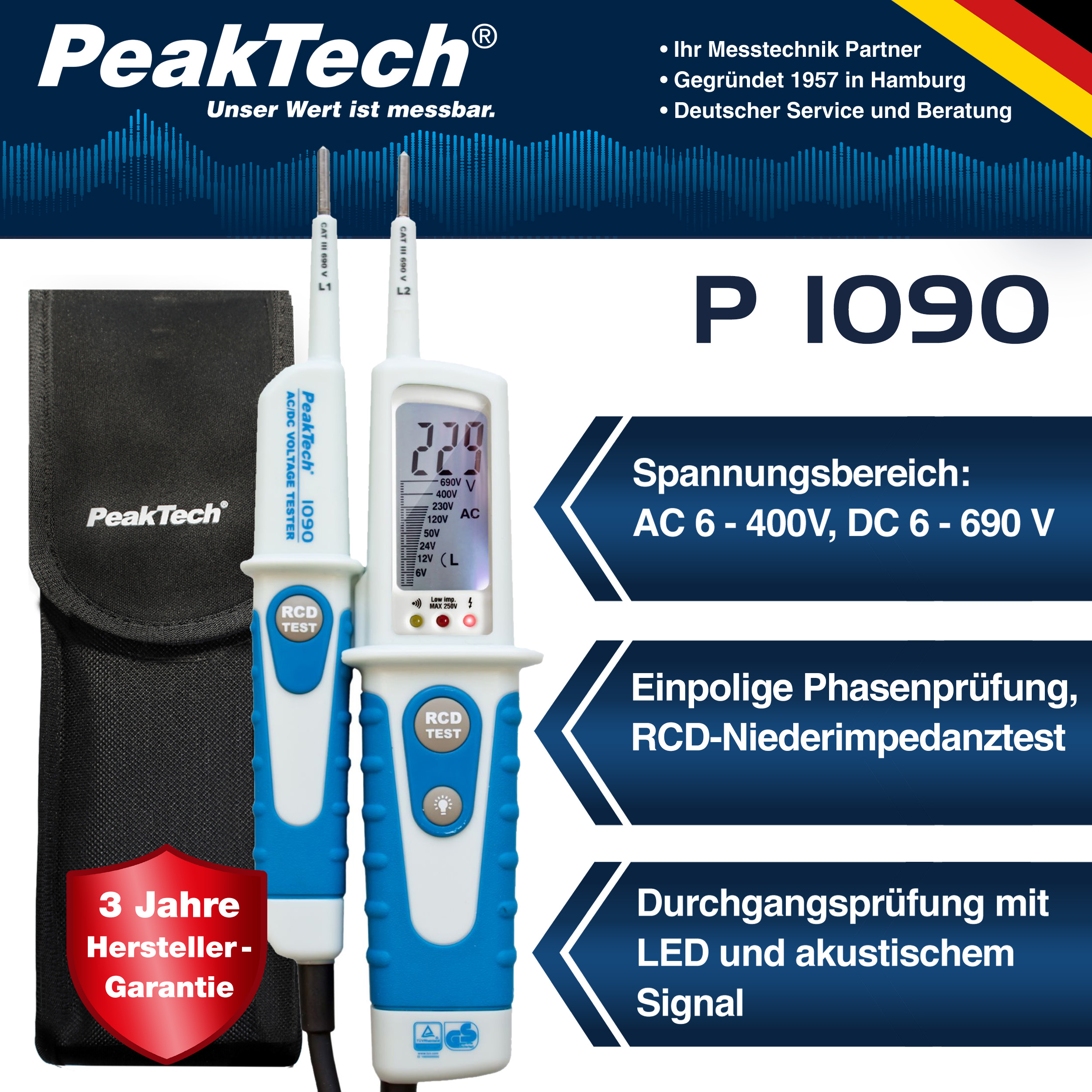 «PeakTech® P 1090» Medidor de Voltaje AC/DC, test RCD, display LCD