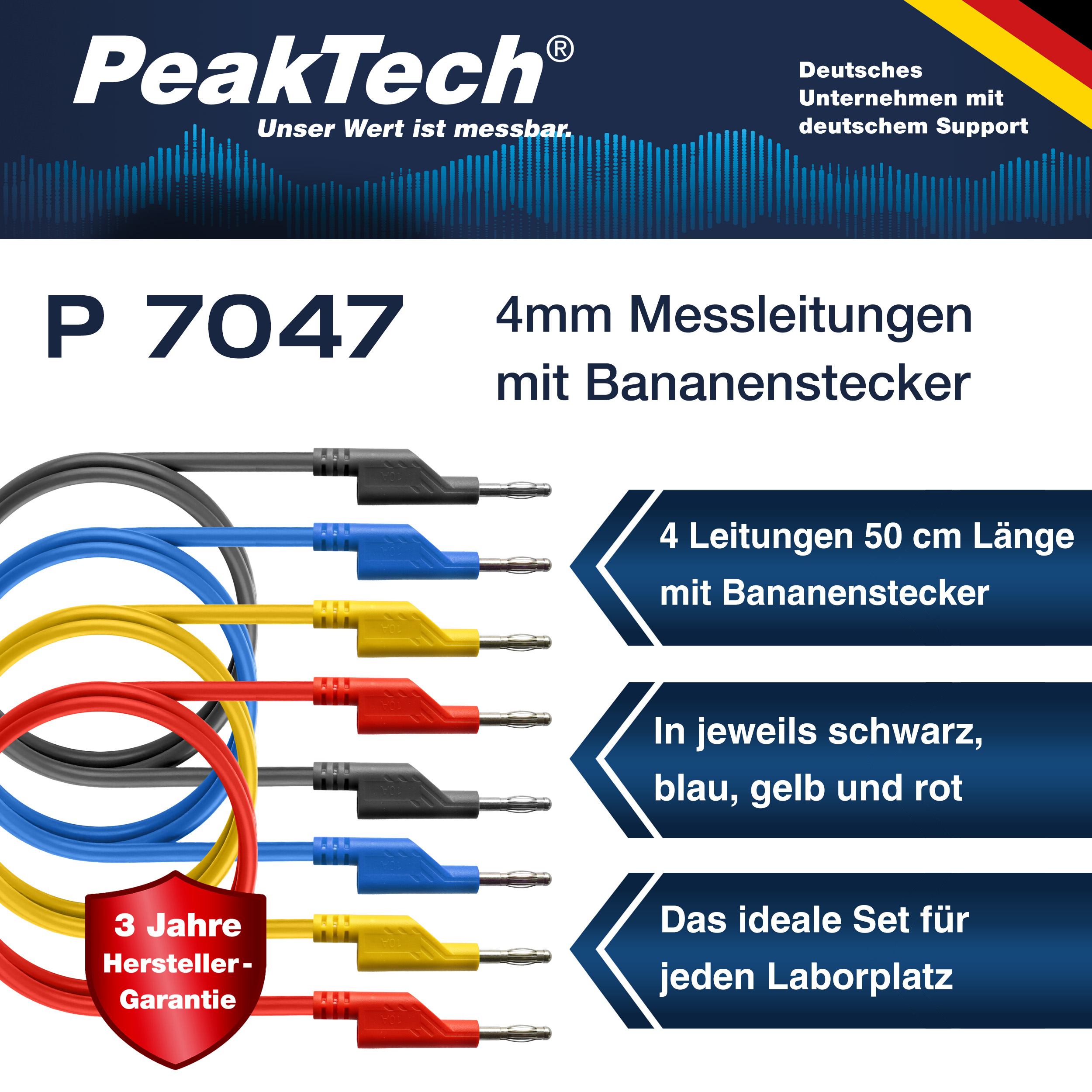 «PeakTech® P 7047» Set of 4 Test Leads (50cm) for Laboratory Power Supplies