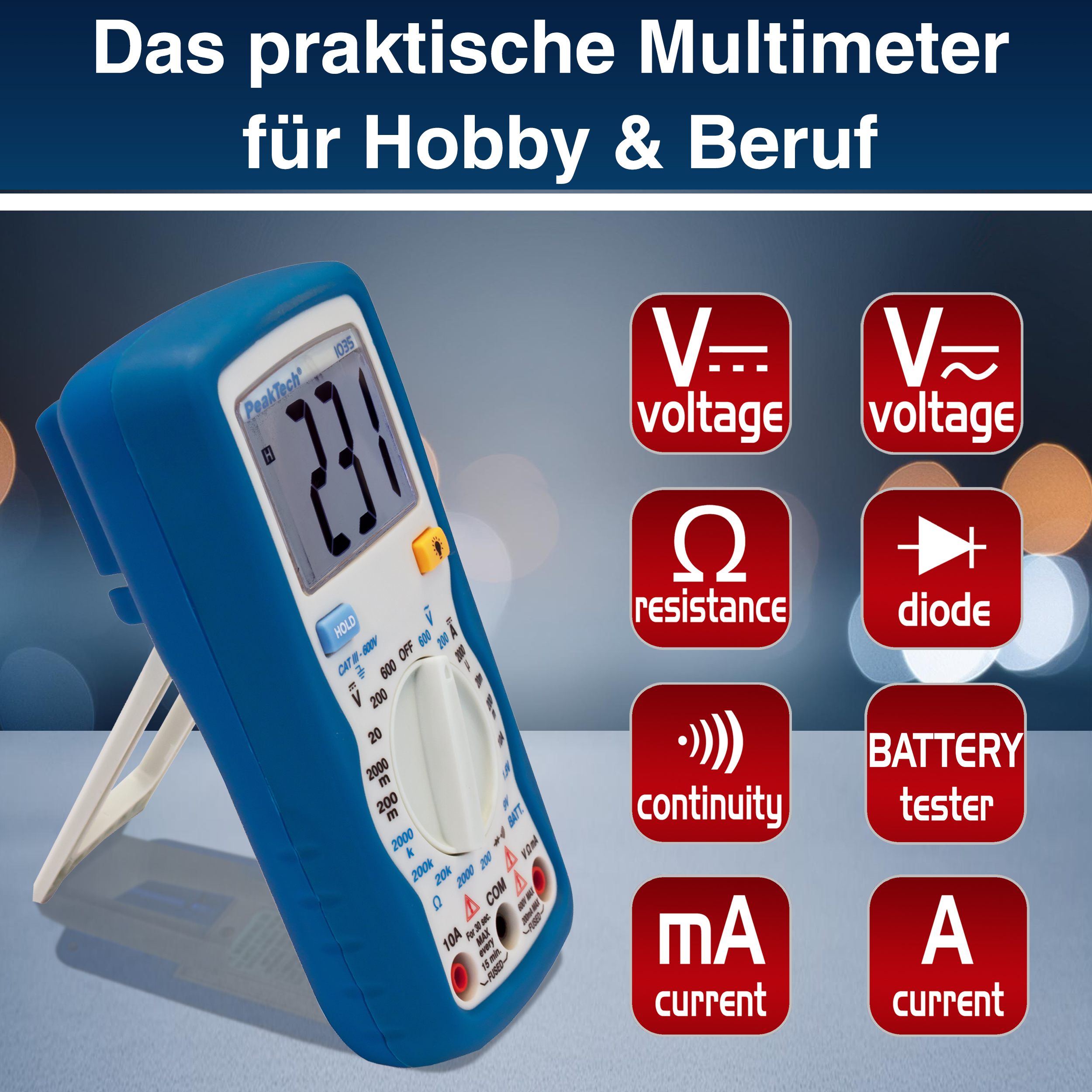 «PeakTech® P 1035» 600V AC/DC Digitalmultimeter ~ 2000 stellige LCD
