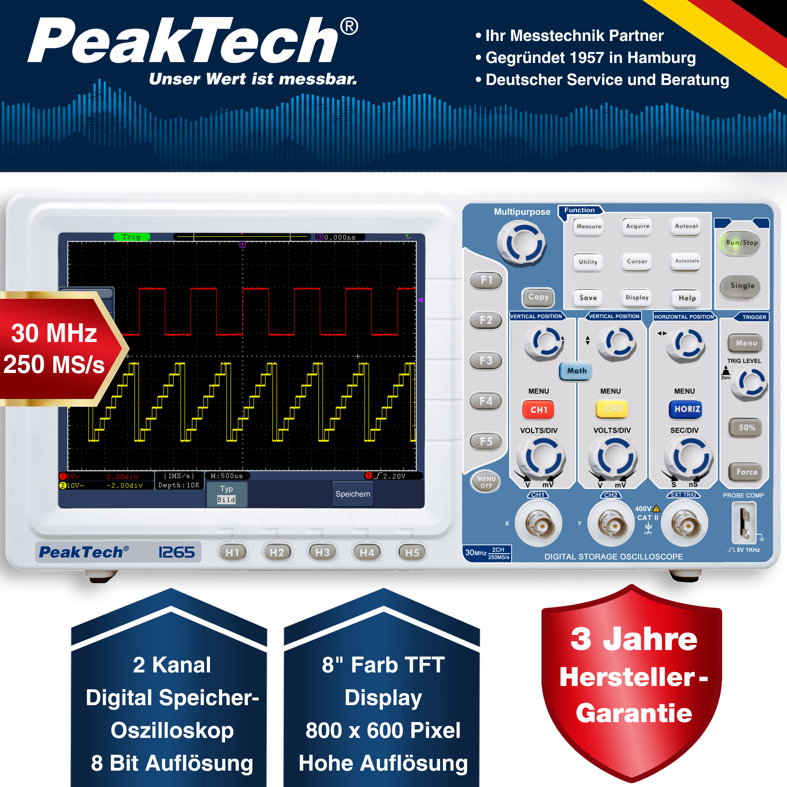 «PeakTech® P 1265» 30 MHz / 2 CH, 250 MS/s Digitalspeicheroszilloskop