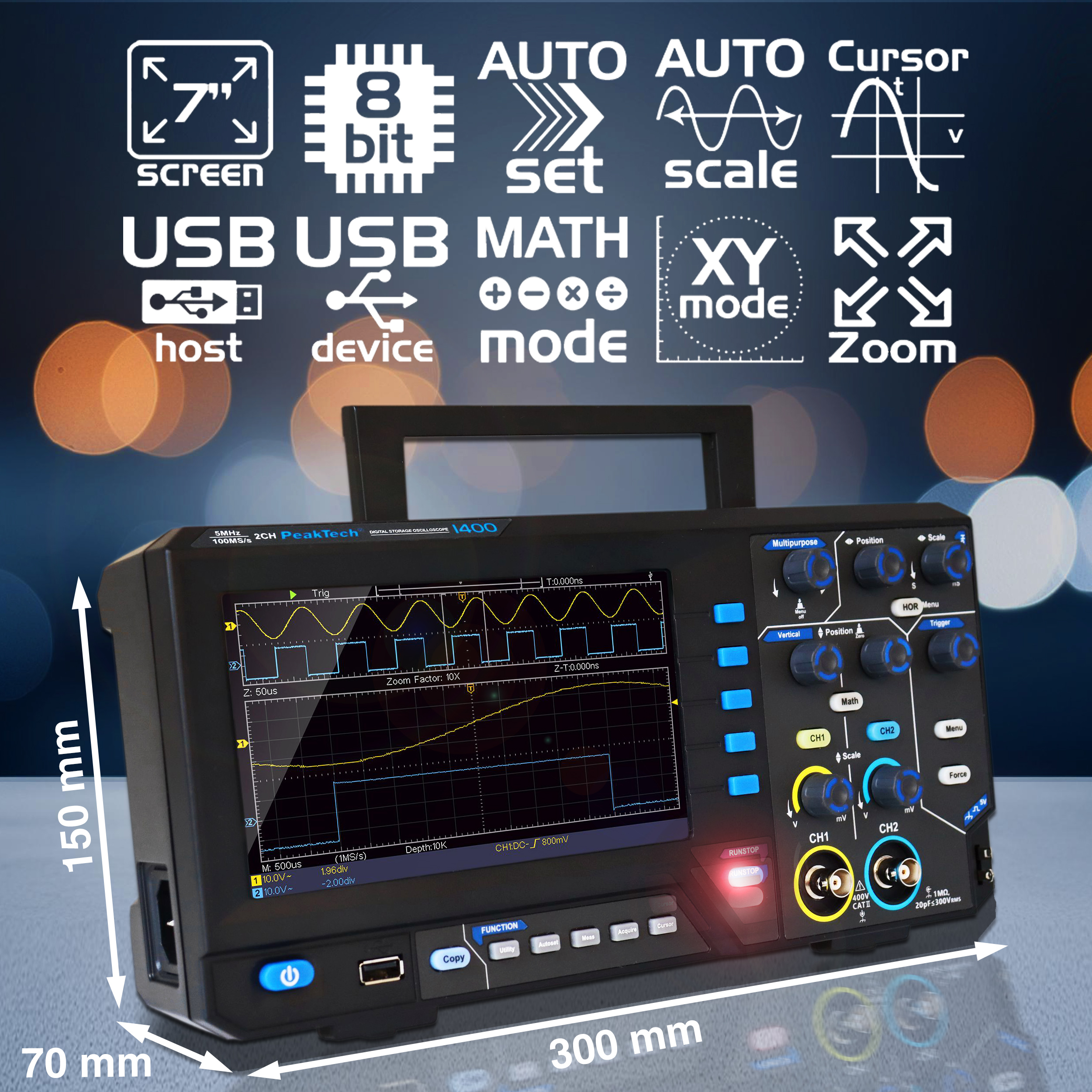 «PeakTech® P 1402» 20 MHz / 2CH, 250MS/s Digital storage oscilloscope