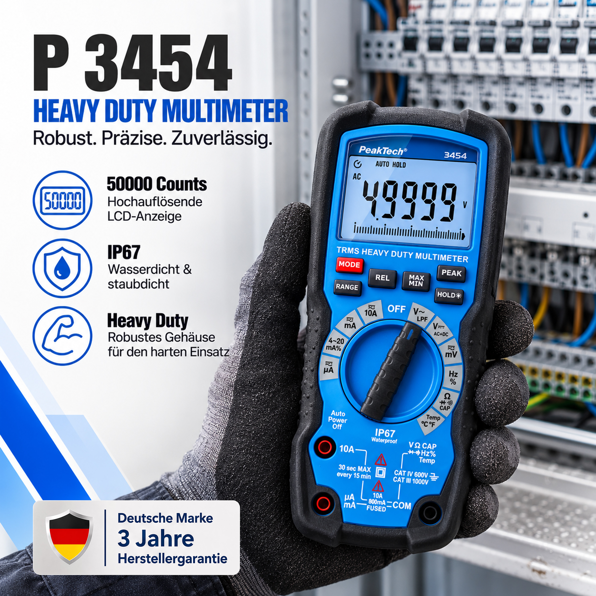 «PeakTech® P 3454» Multimètre robuste  ~ 50 000 points, écran LCD ~ 1 000 V CA/CC avec TrueRMS, IP67