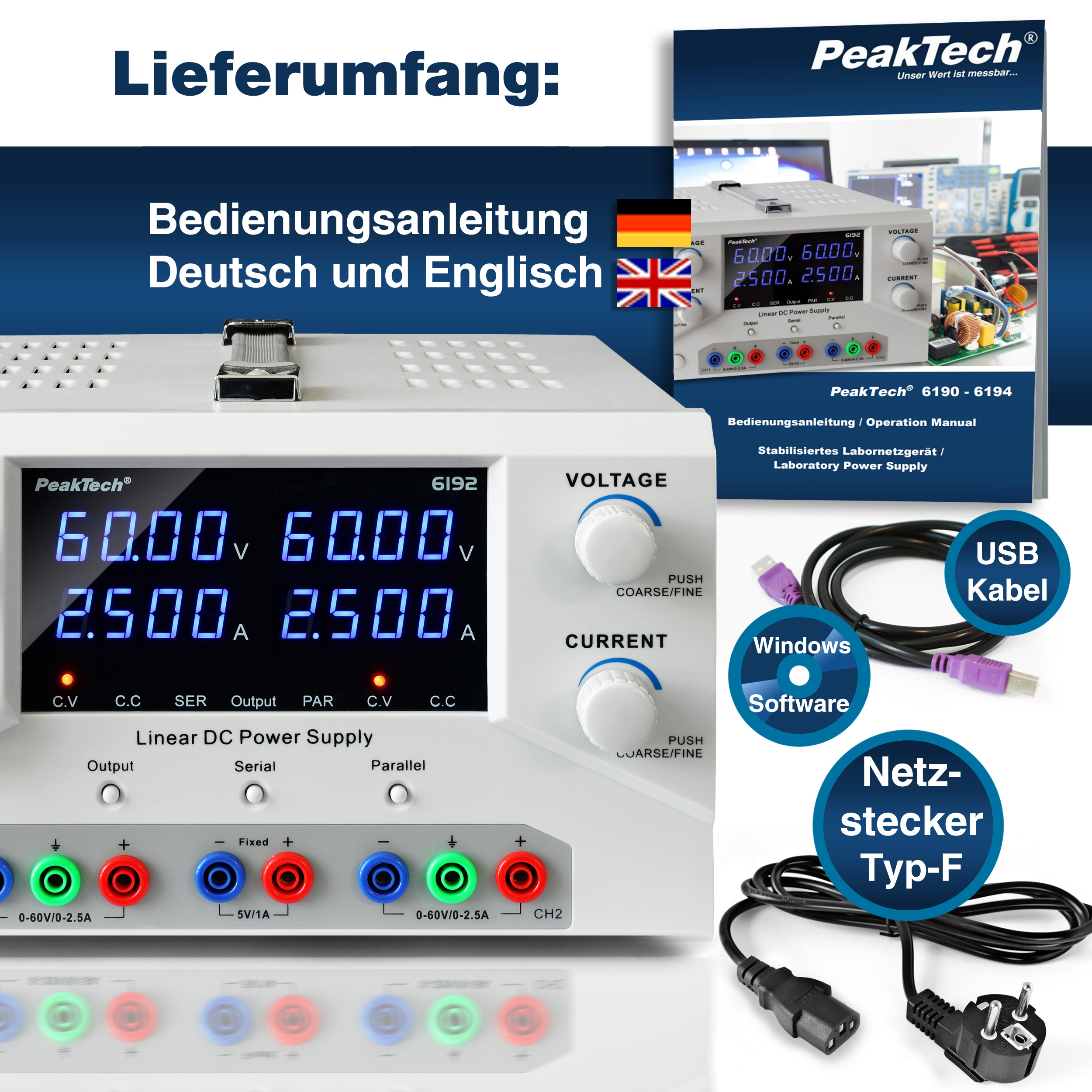 «PeakTech® P 6192» Digital Labornetzgerät 2x 0-60 V / 0-2,5 A DC & USB