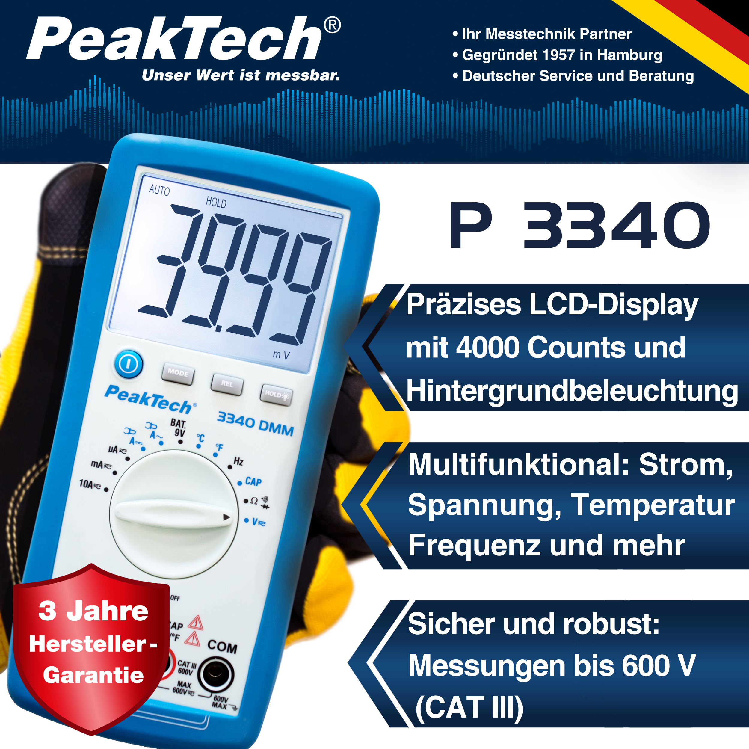 «PeakTech® P 3340» Digital multimeter, 4,000 counts, 600V AC / DC