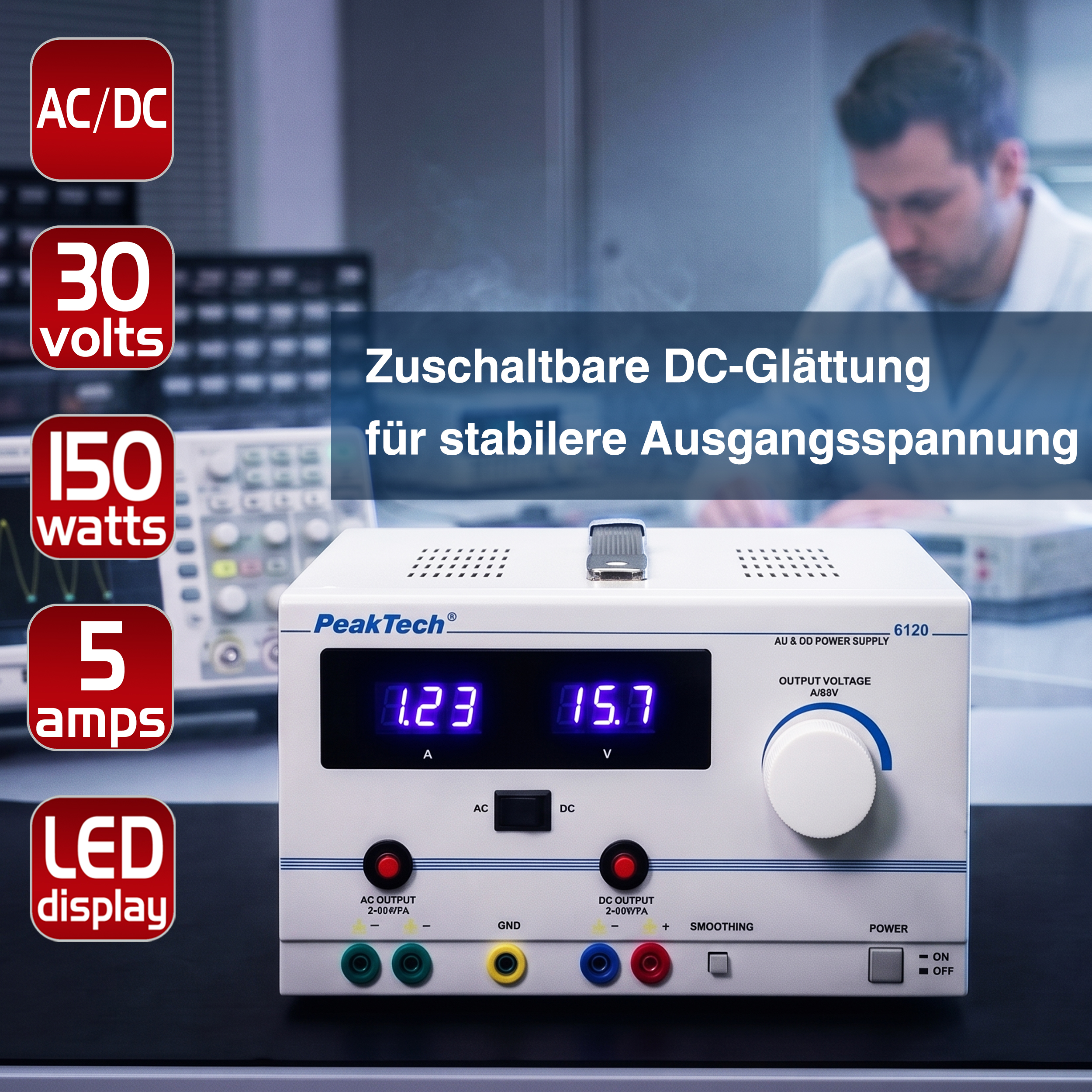 «PeakTech® P 6120» AC/DC Labornetzgerät 0 - 30 V/5 A