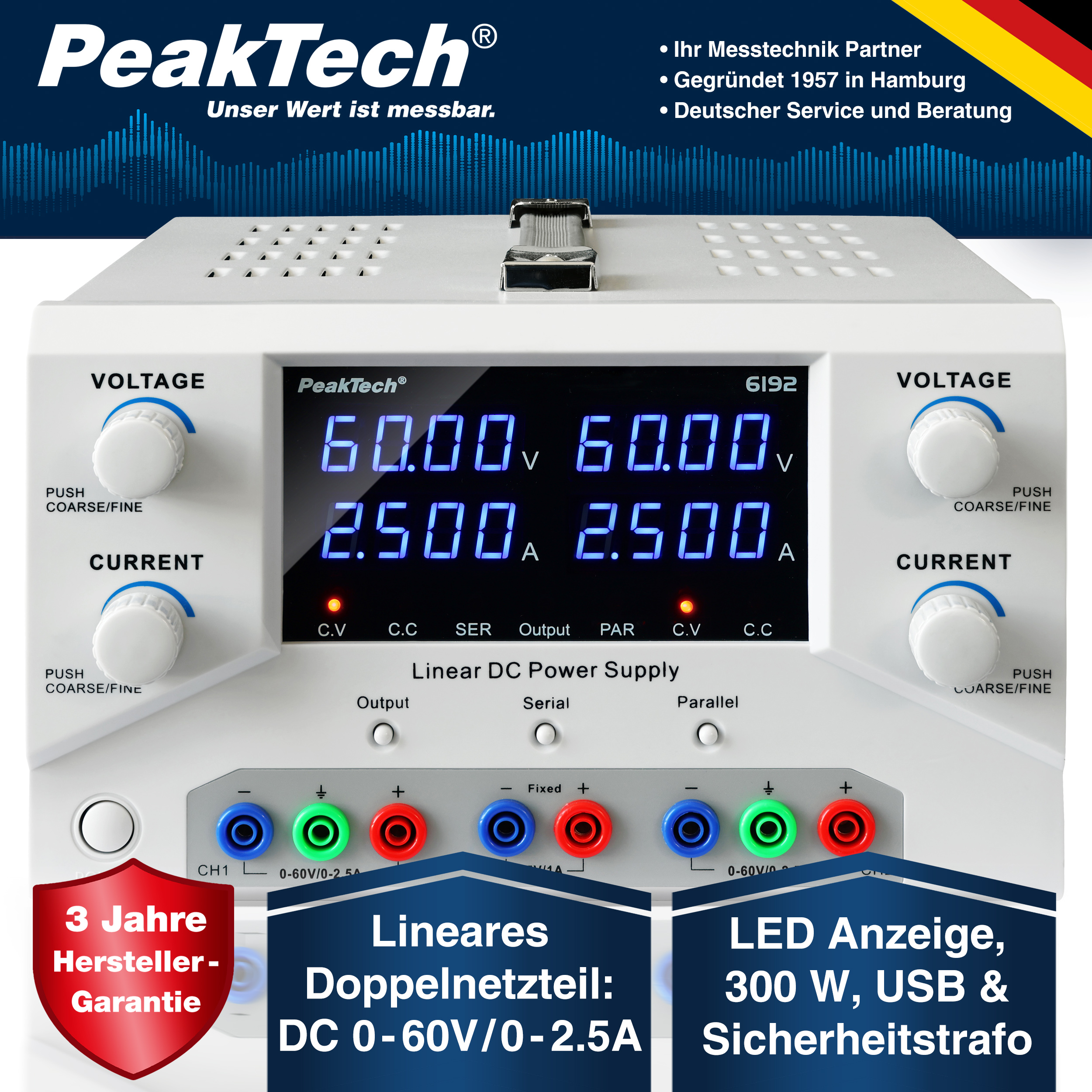 «PeakTech® P 6192» Digital Labornetzgerät 2x 0-60 V / 0-2,5 A DC & USB