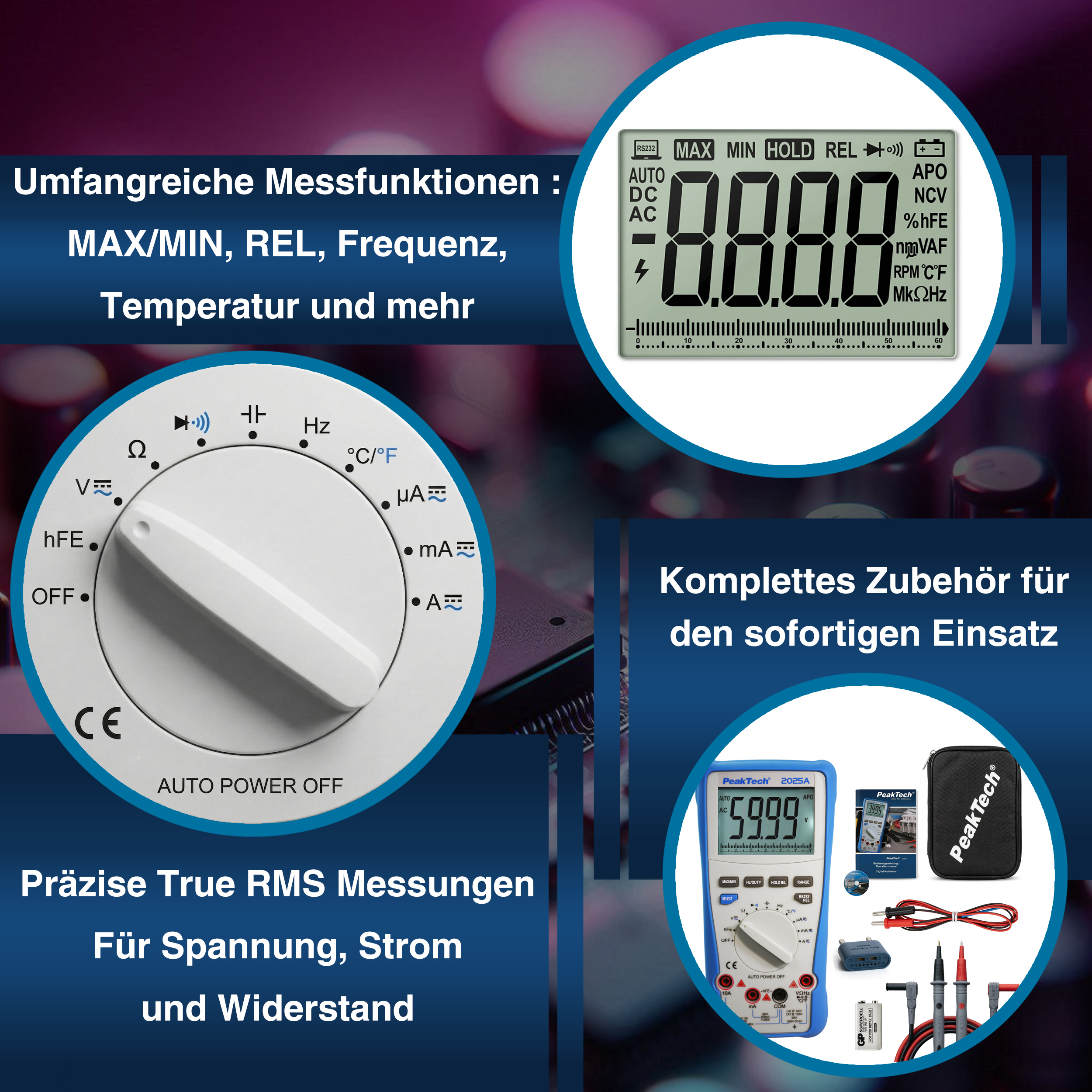 «PeakTech® P 2025 A» True RMS digital multimeter ~ 6.000 Counts ~ 1000V AC/DC ~ 10A AC/DC ~ USB