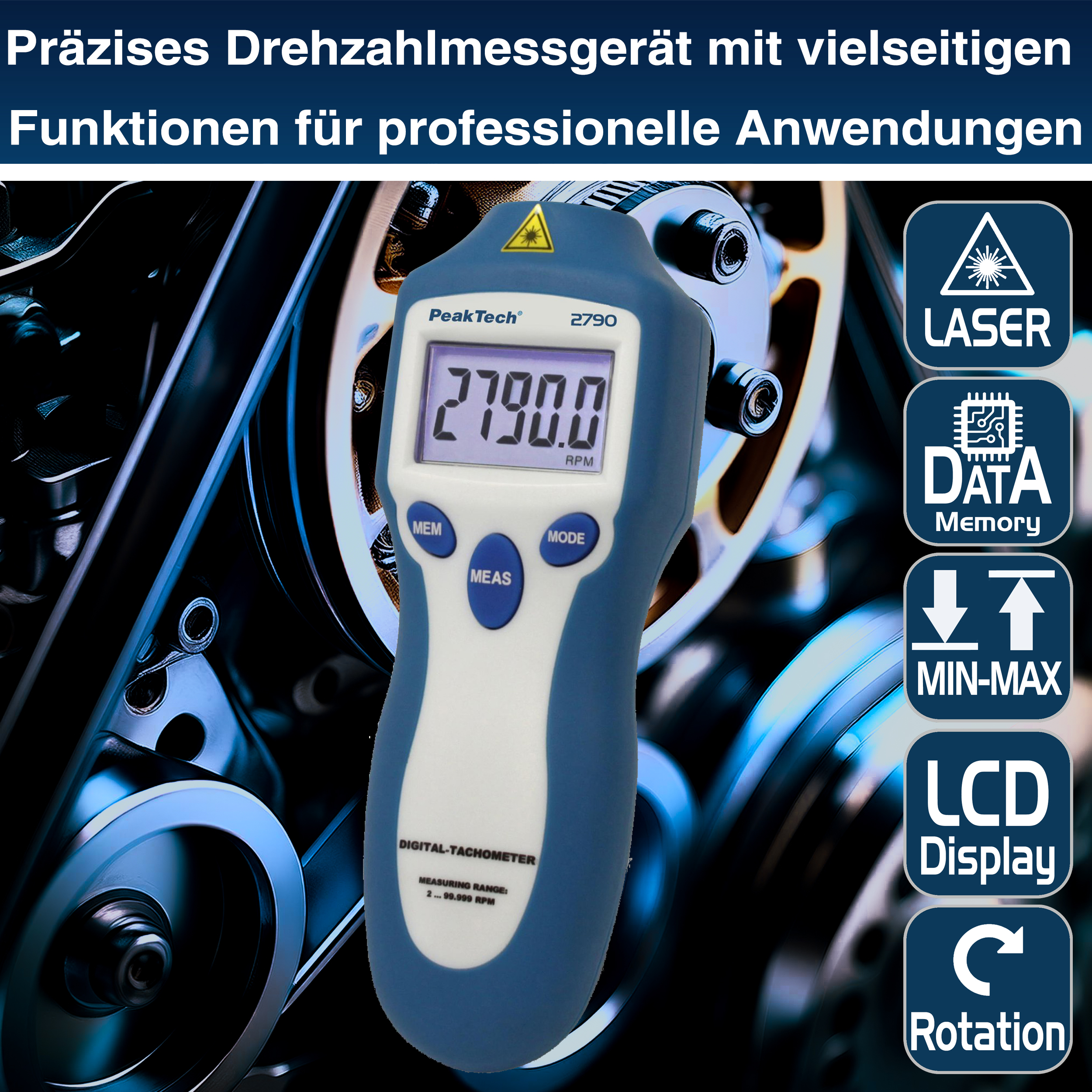 «PeakTech® P 2790» Drehzahlmessgerät, 5-stellig 1 ... 99.999 rpm