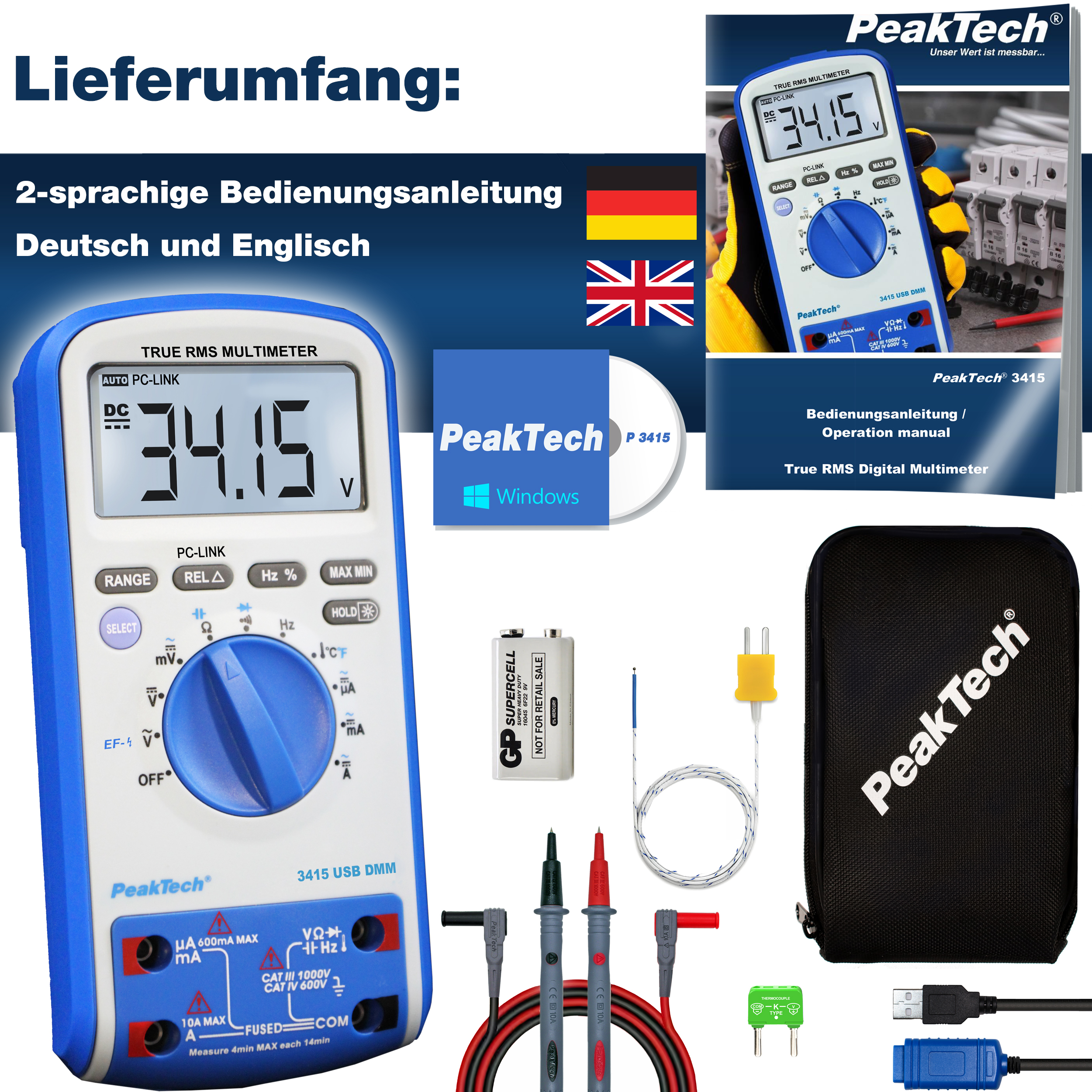 «PeakTech® P 3415» Digital multimeter, 6,000 counts, TrueRMS & USB