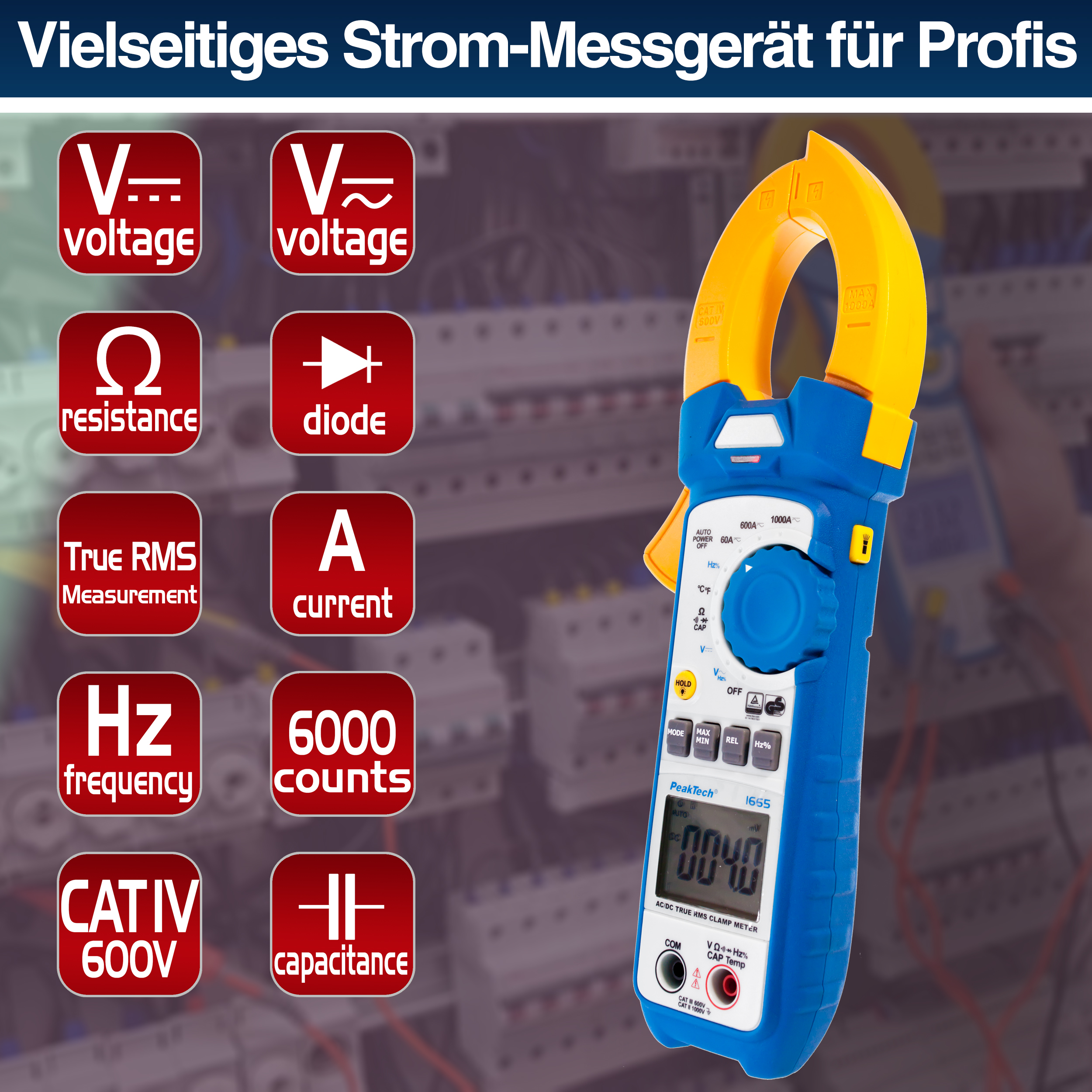 «PeakTech® P 1665» TrueRMS current clamp 6,000 counts 1000 A AC/DC