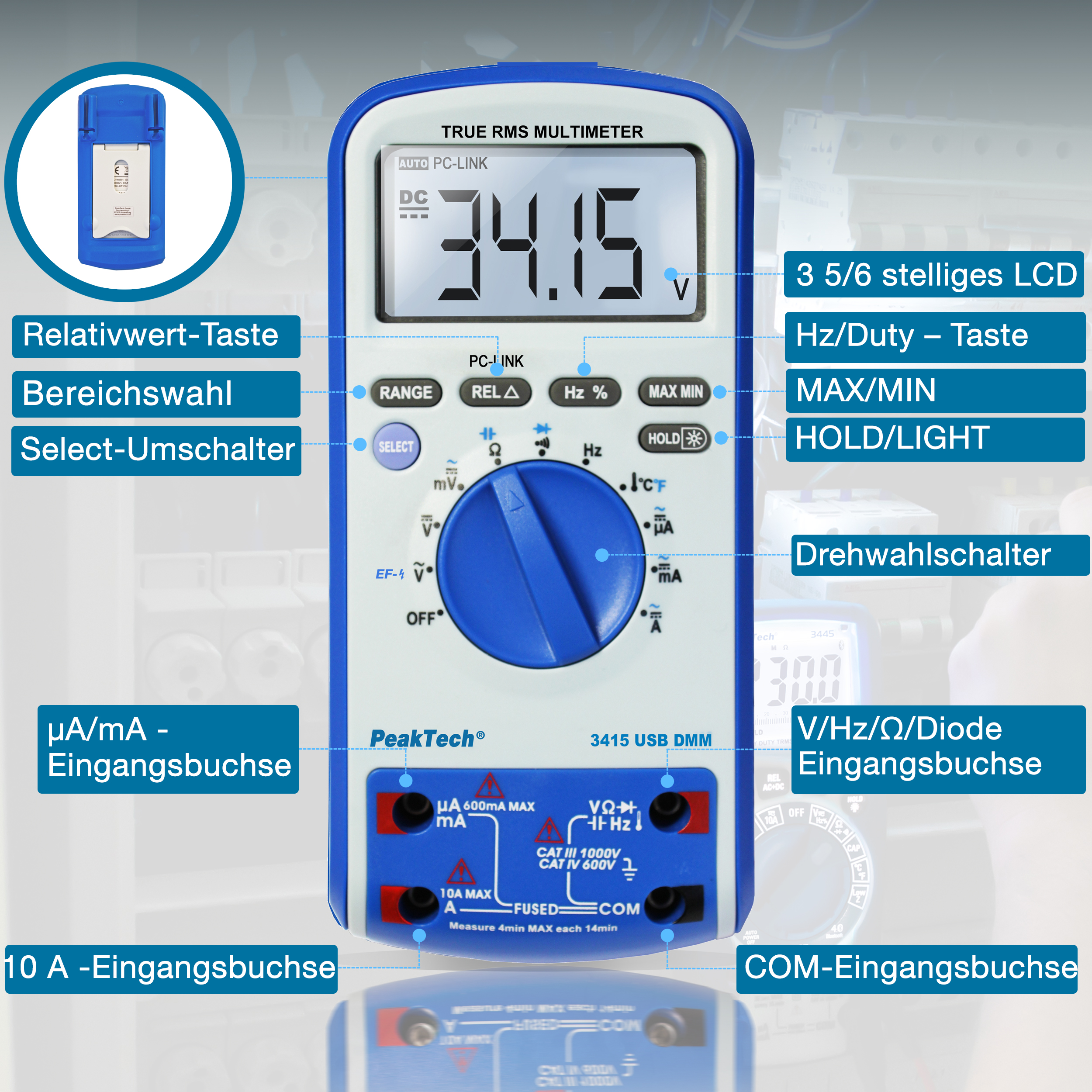 «PeakTech® P 3415» Digital multimeter, 6,000 counts, TrueRMS & USB