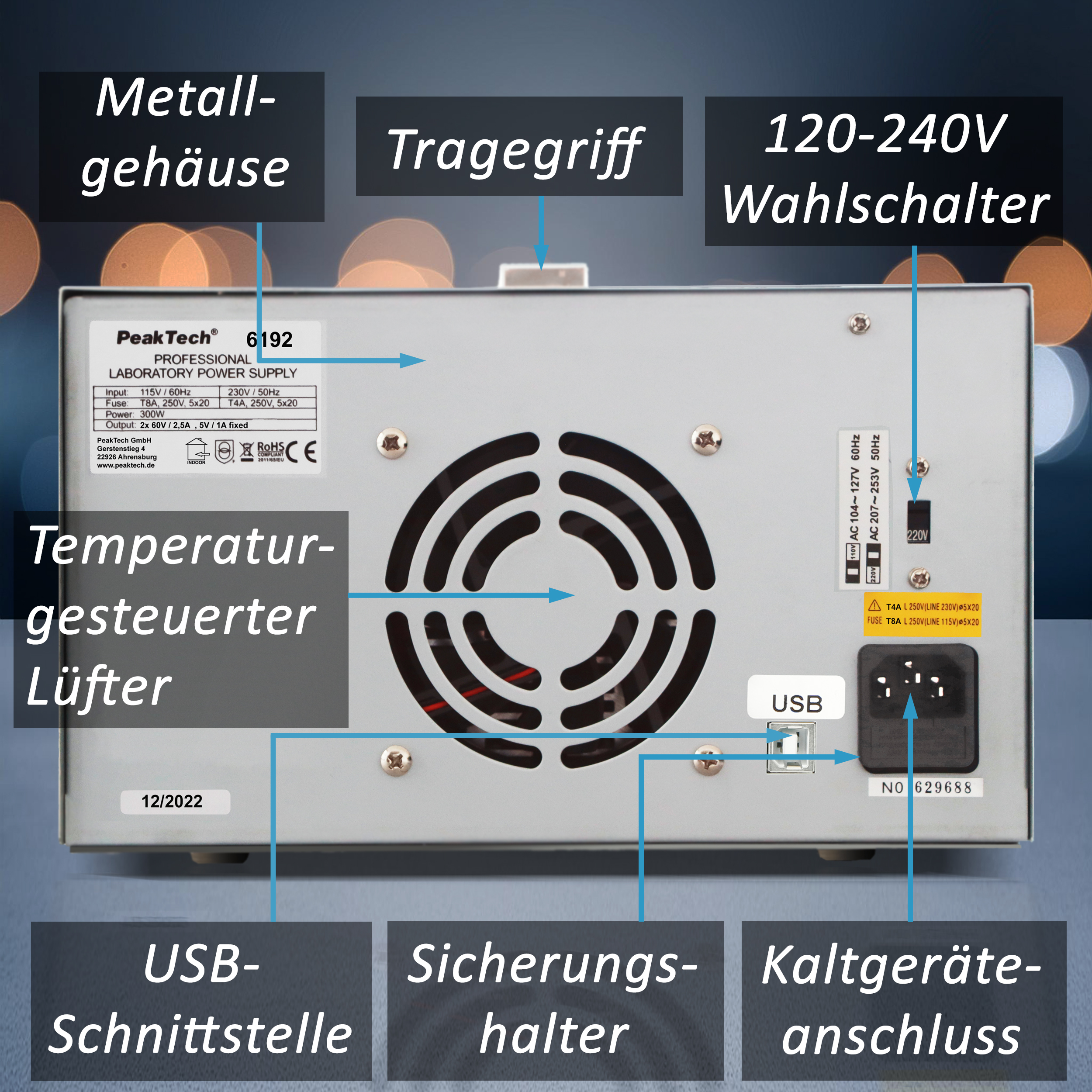 «PeakTech® P 6192» Digital Labornetzgerät 2x 0-60 V / 0-2,5 A DC & USB
