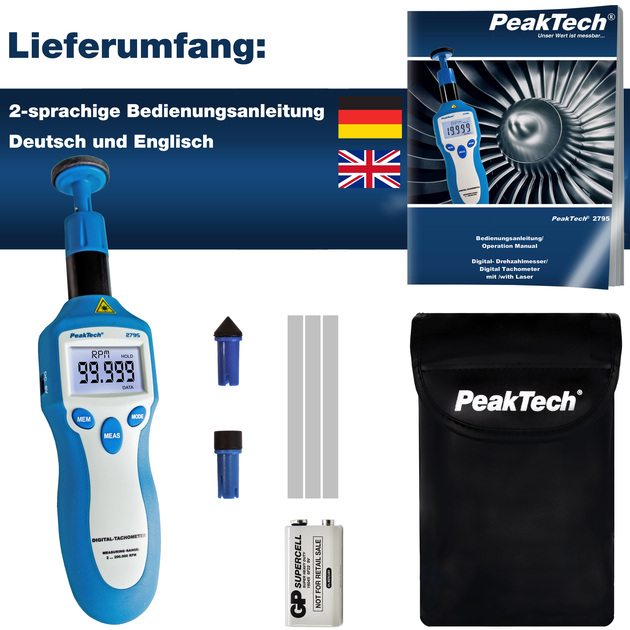 «PeakTech® P 2795» Drehzahlmessgerät Photo-Kontakt-Typ mit Laser