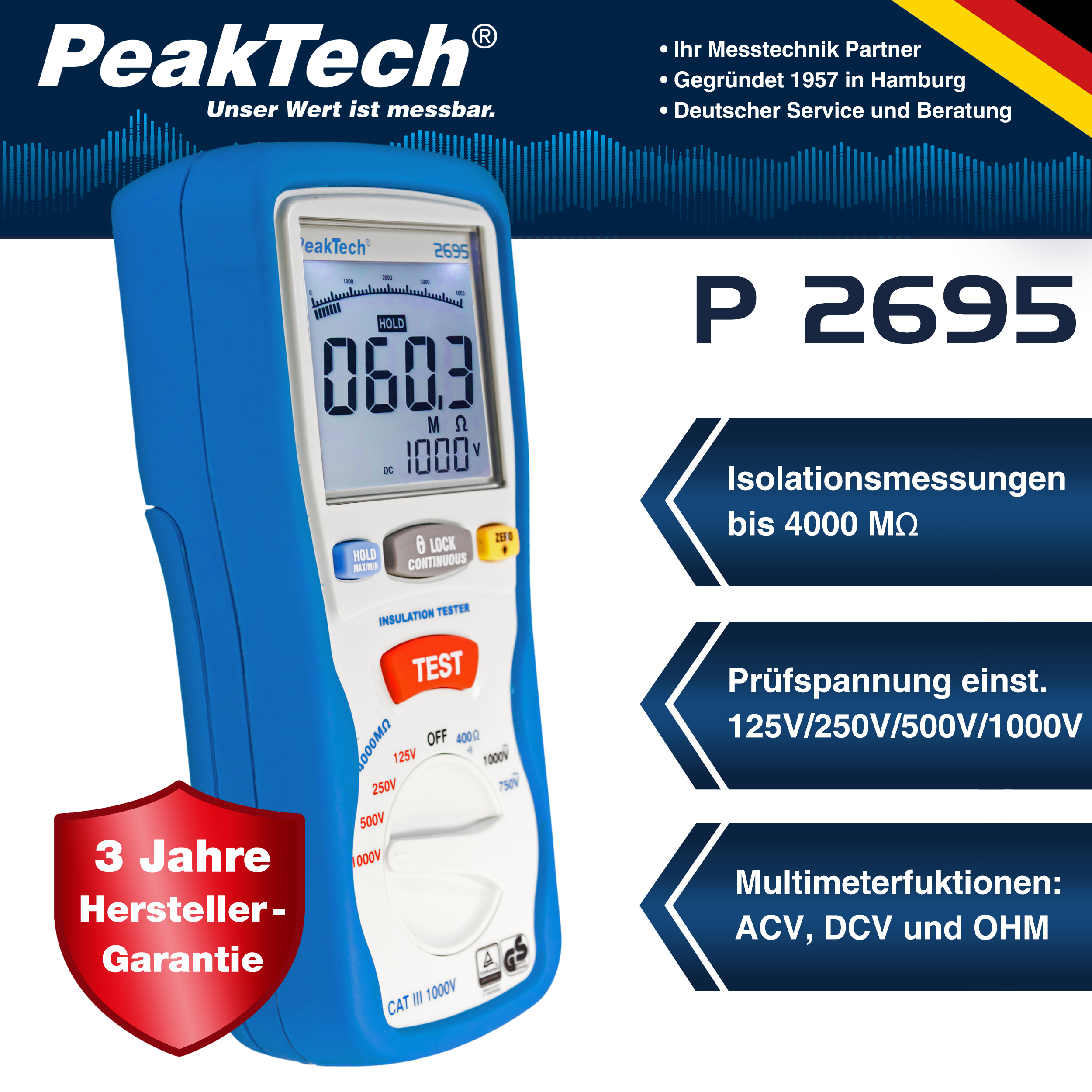 «PeakTech® P 2695» Medidor de Aislamiento 125/250/500/1000 V /4000 MΩ