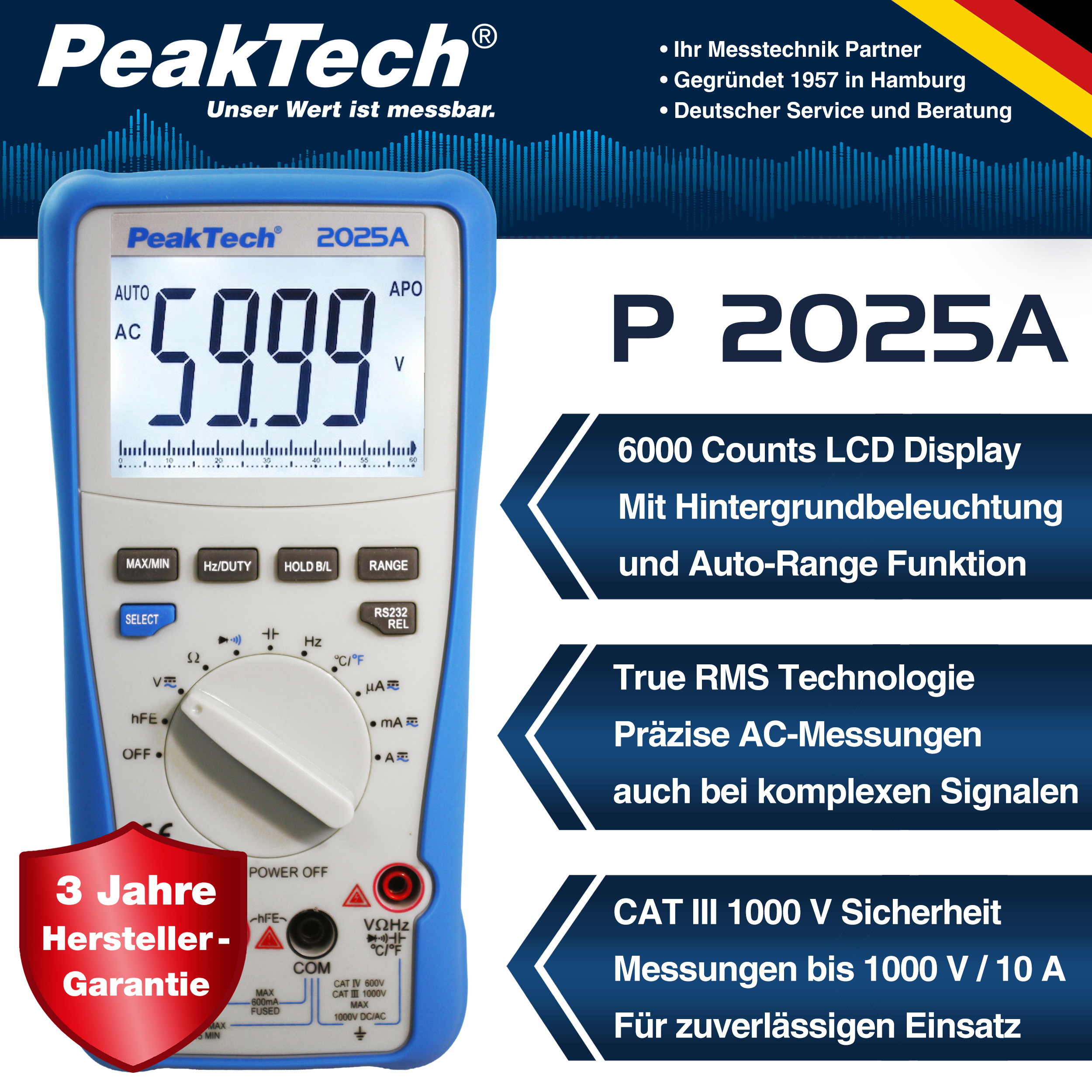 «PeakTech® P 2025 A» True RMS digital multimeter ~ 6.000 Counts ~ 1000V AC/DC ~ 10A AC/DC ~ USB