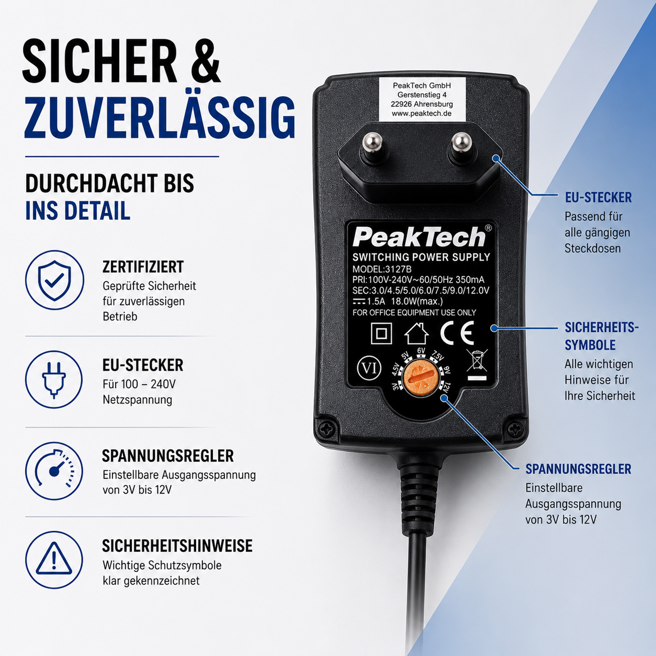 «PeakTech® P 3127 B» Universal-Steckernetzgerät 3 ... 12V DC, 1500mA