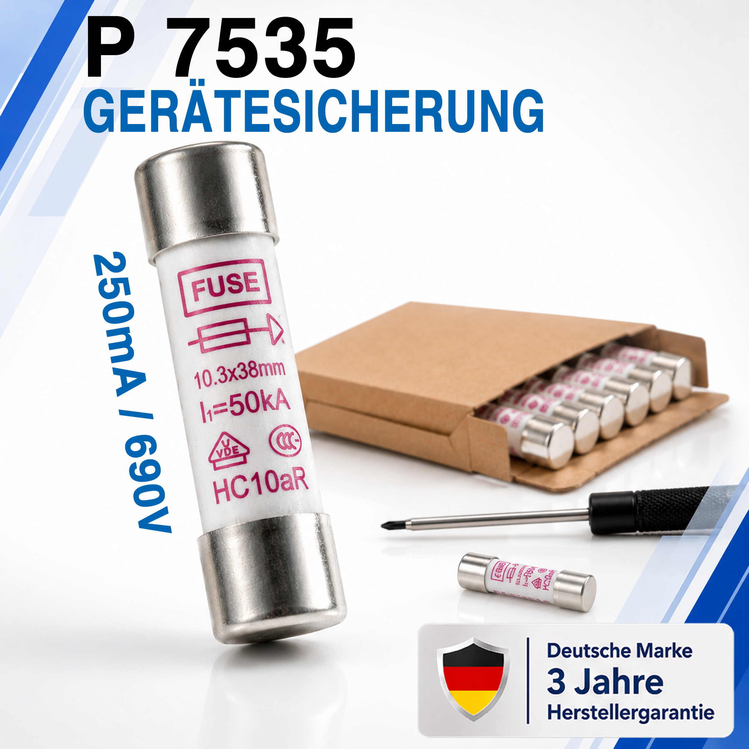 Mikrobezpiecznik "PeakTech® P 7535" ~ 250 mA / 690 V ~ 10,3 x 38 mm ~ super szybki (FF)