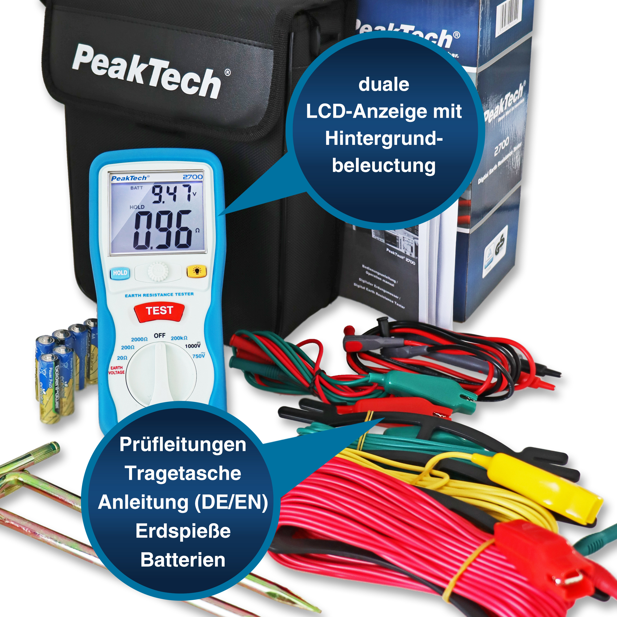 «PeakTech® P 2700» Medidor Digital de Tierra, 0-2000Ω, CAT III 1000V