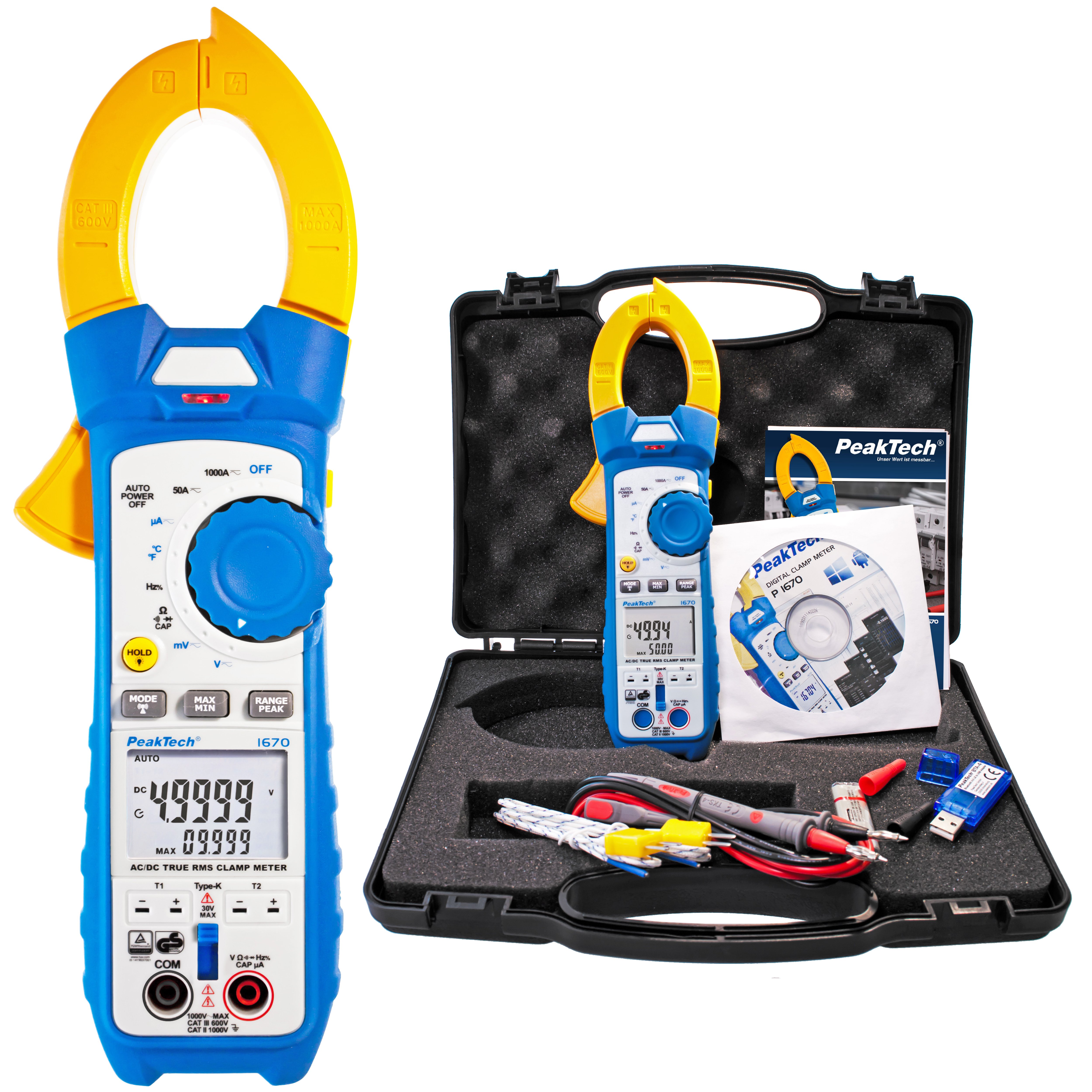 «PeakTech® P 1670» TrueRMS Stromzange 50.000 Counts 1000 A AC/DC, BT