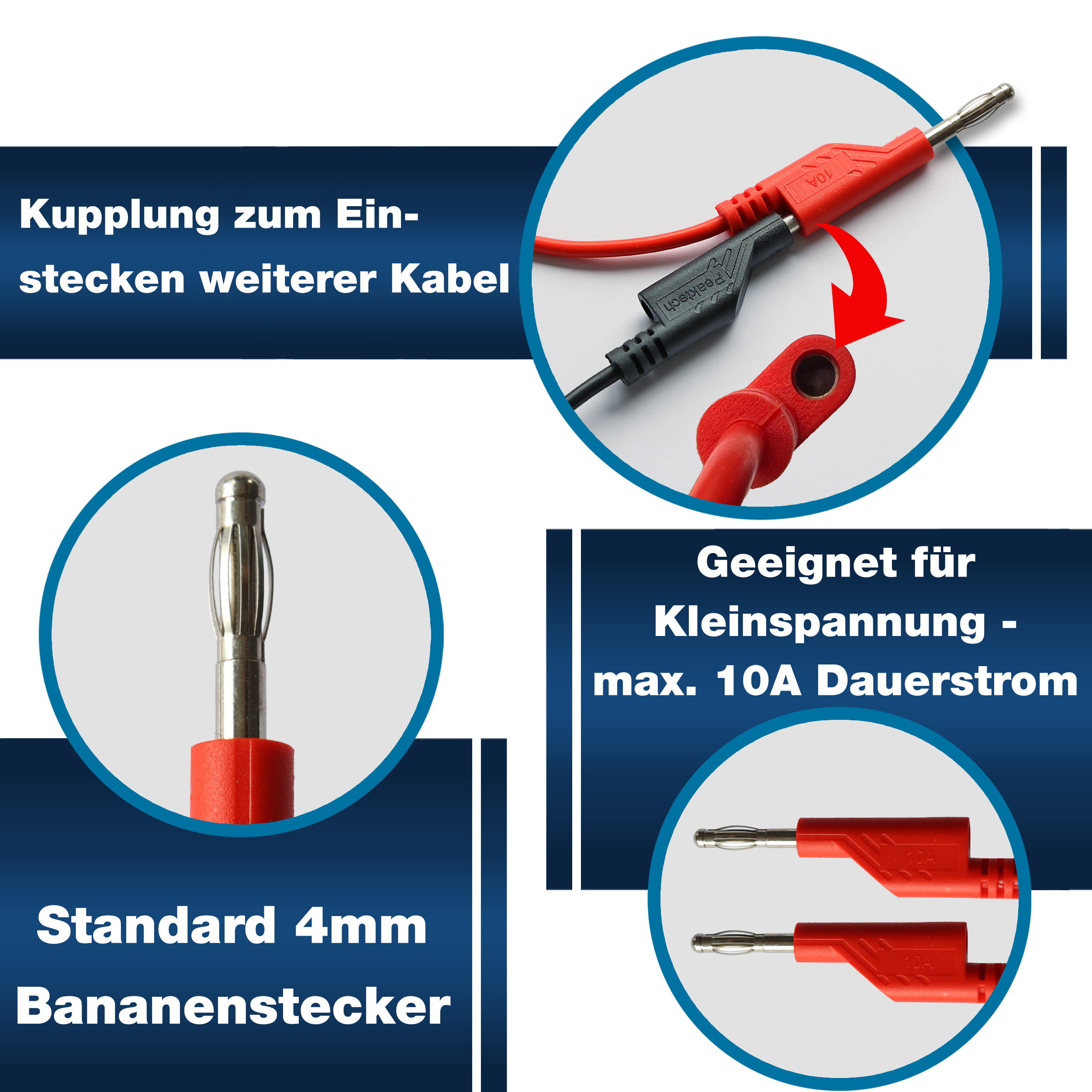 «PeakTech® P 7047» Set of 4 Test Leads (50cm) for Laboratory Power Supplies