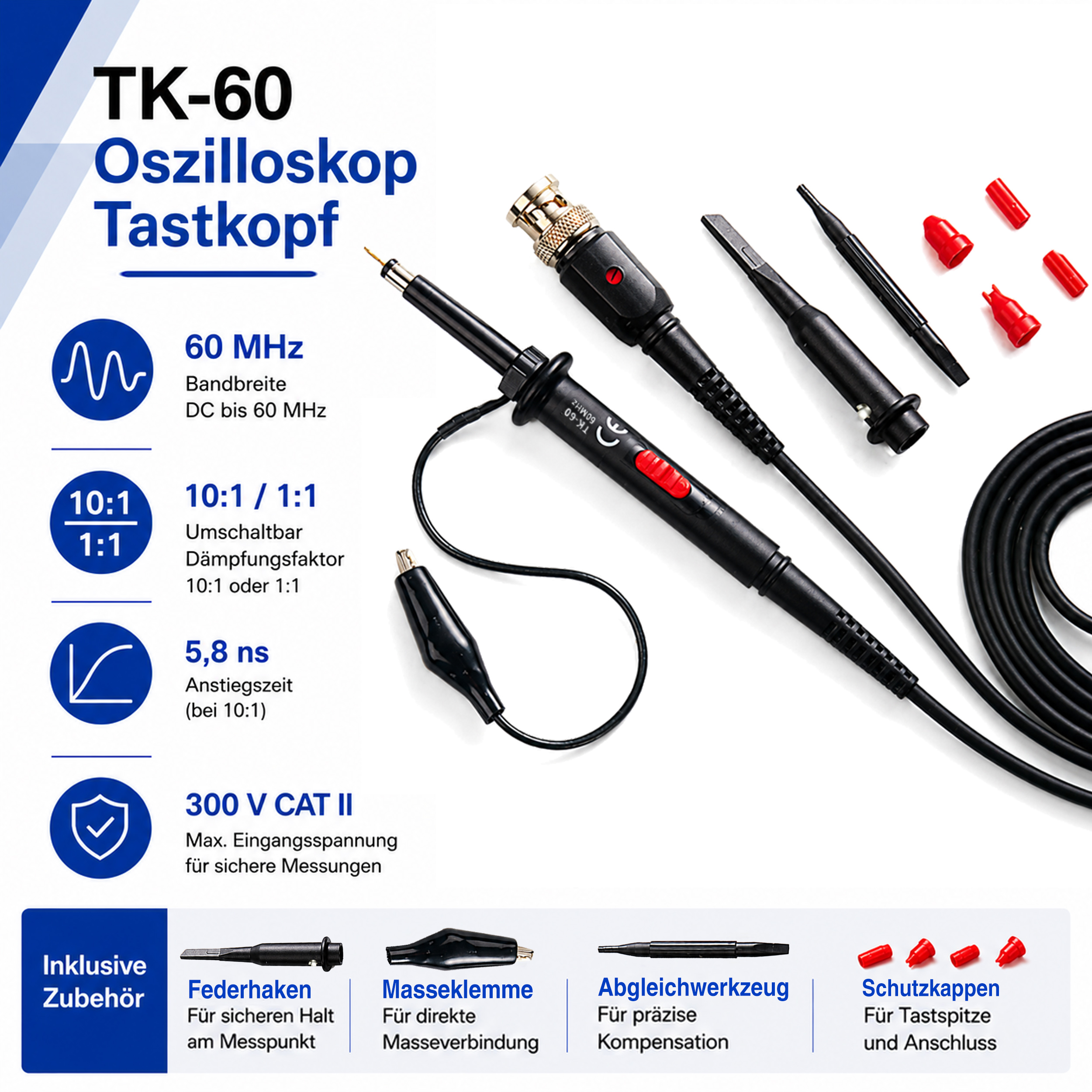 «PeakTech® P TK-60» Sonda per oscilloscopio, 60 MHz, 10:1/1:1