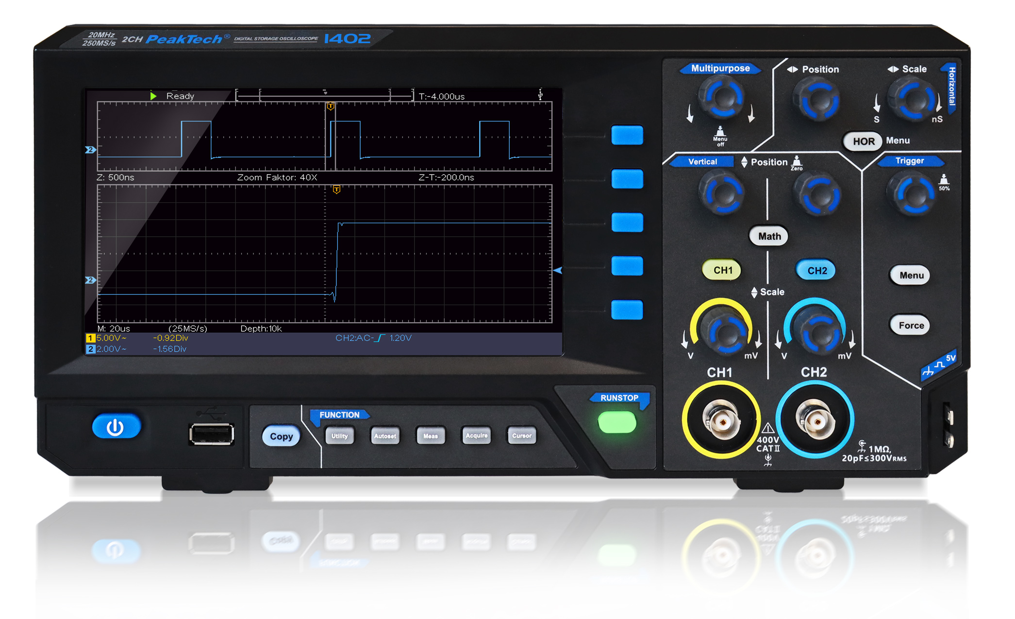 «PeakTech® P 1402» 20 MHz / 2CH, 250MS/s Digital storage oscilloscope