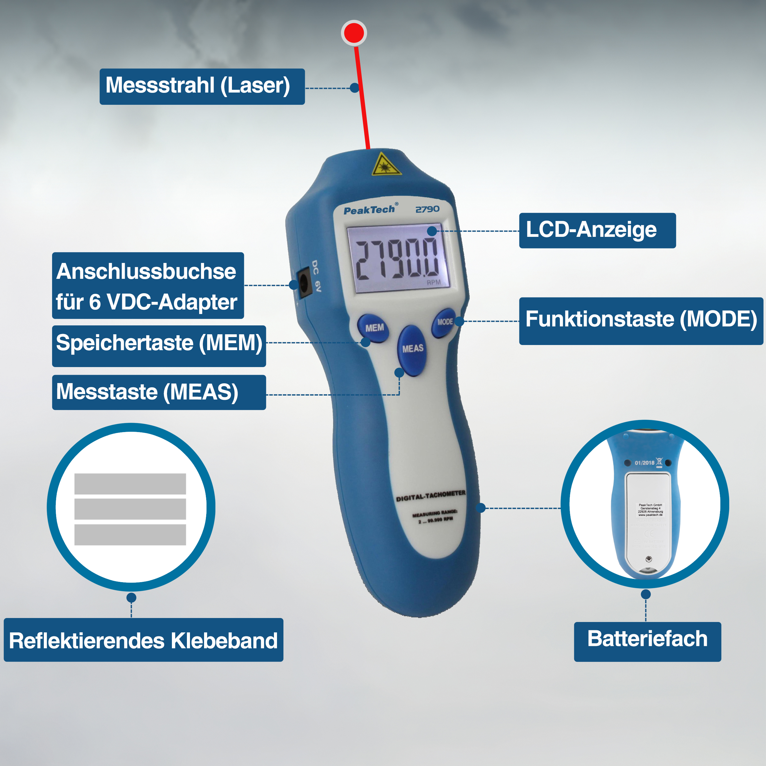 «PeakTech® P 2790» Drehzahlmessgerät, 5-stellig 1 ... 99.999 rpm