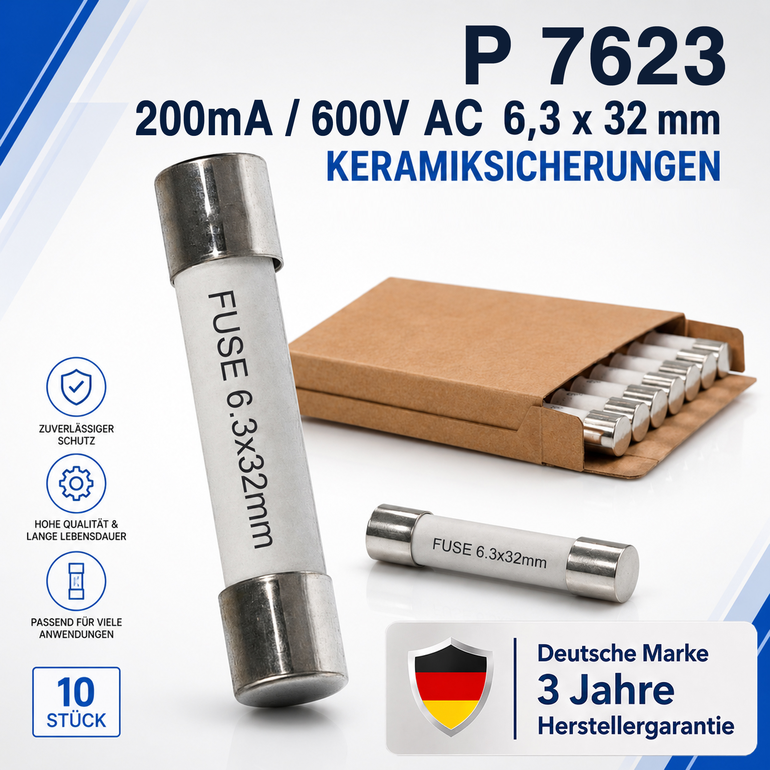 «PeakTech® P 7623» Feinsicherung ~ 0,2 A / 600 V ~ 6,3 x 32 mm ~ super flink (FF)