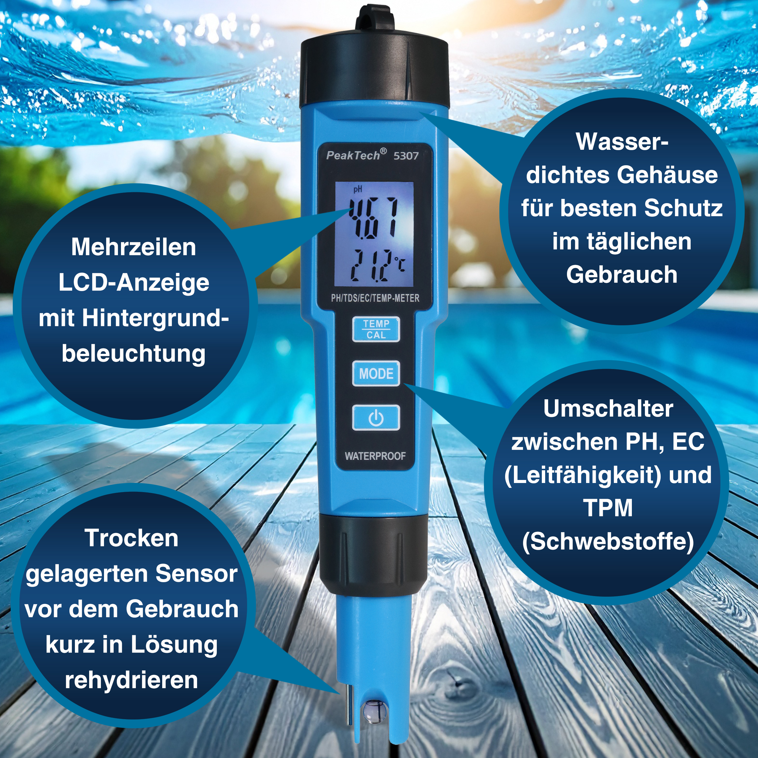 «PeakTech® P 5307» 4 in 1 PH-Meter for PH/EC/TDS/TEMP