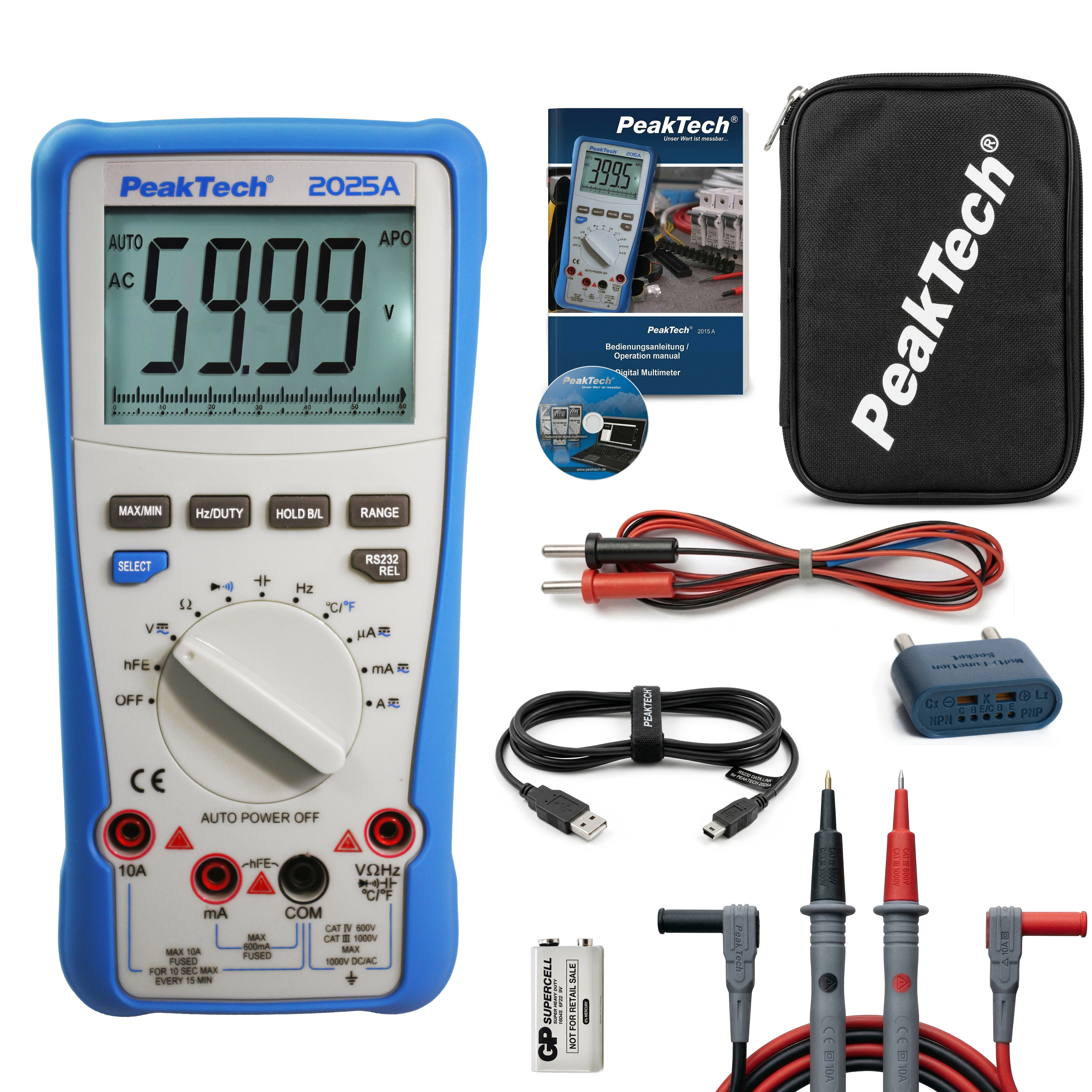 «PeakTech® P 2025 A» True RMS digital multimeter ~ 6.000 Counts ~ 1000V AC/DC ~ 10A AC/DC ~ USB