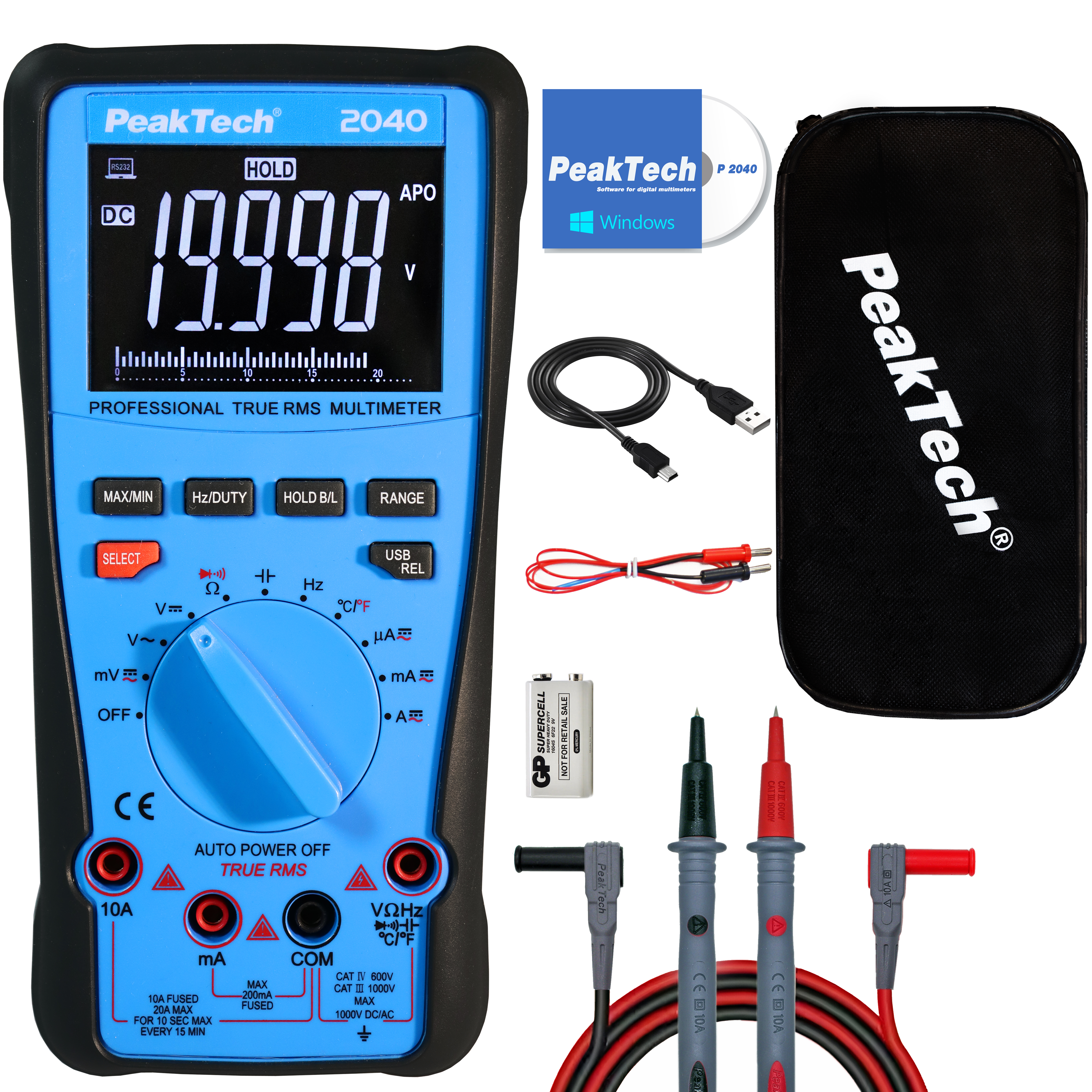 «PeakTech® P 2040» Multimètre TrueRMS 1000V, 20000 compteurs, USB