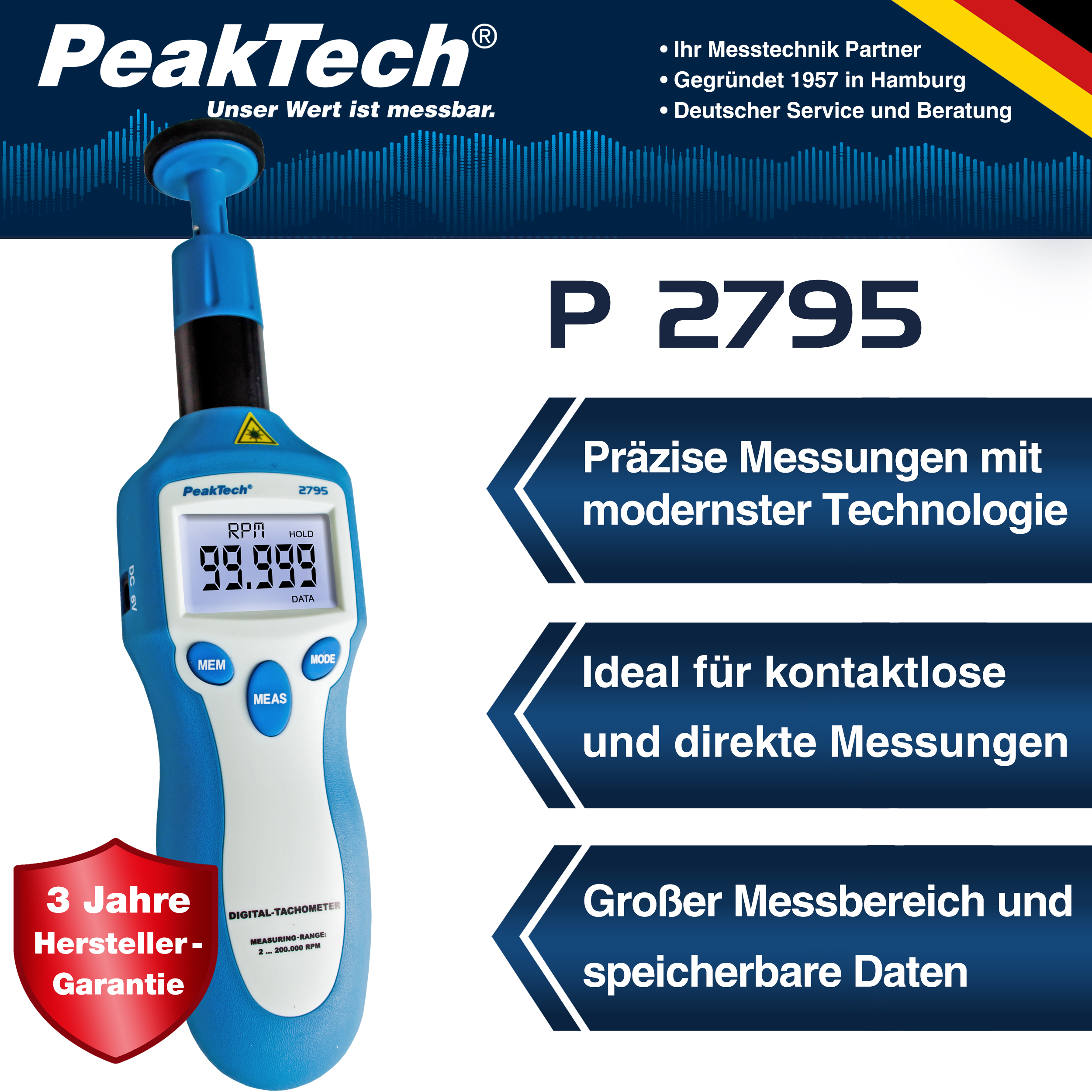 «PeakTech® P 2795» Drehzahlmessgerät Photo-Kontakt-Typ mit Laser