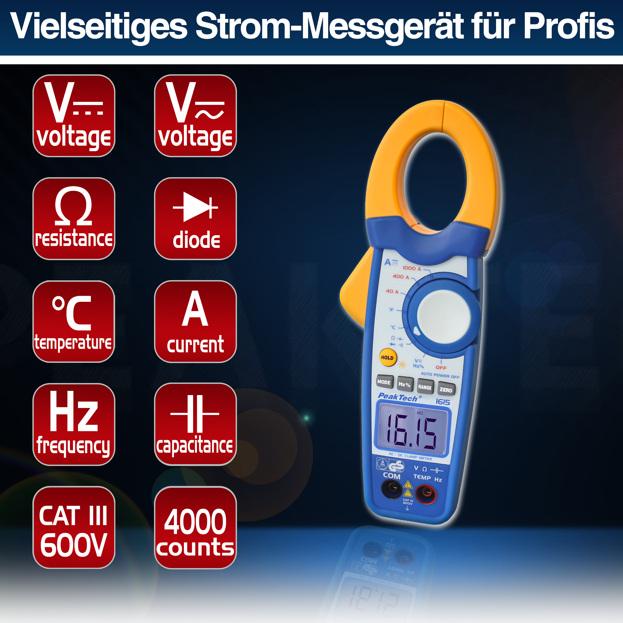 «PeakTech® P 1615» Clamp meter 4,000 counts 1000 A AC/DC