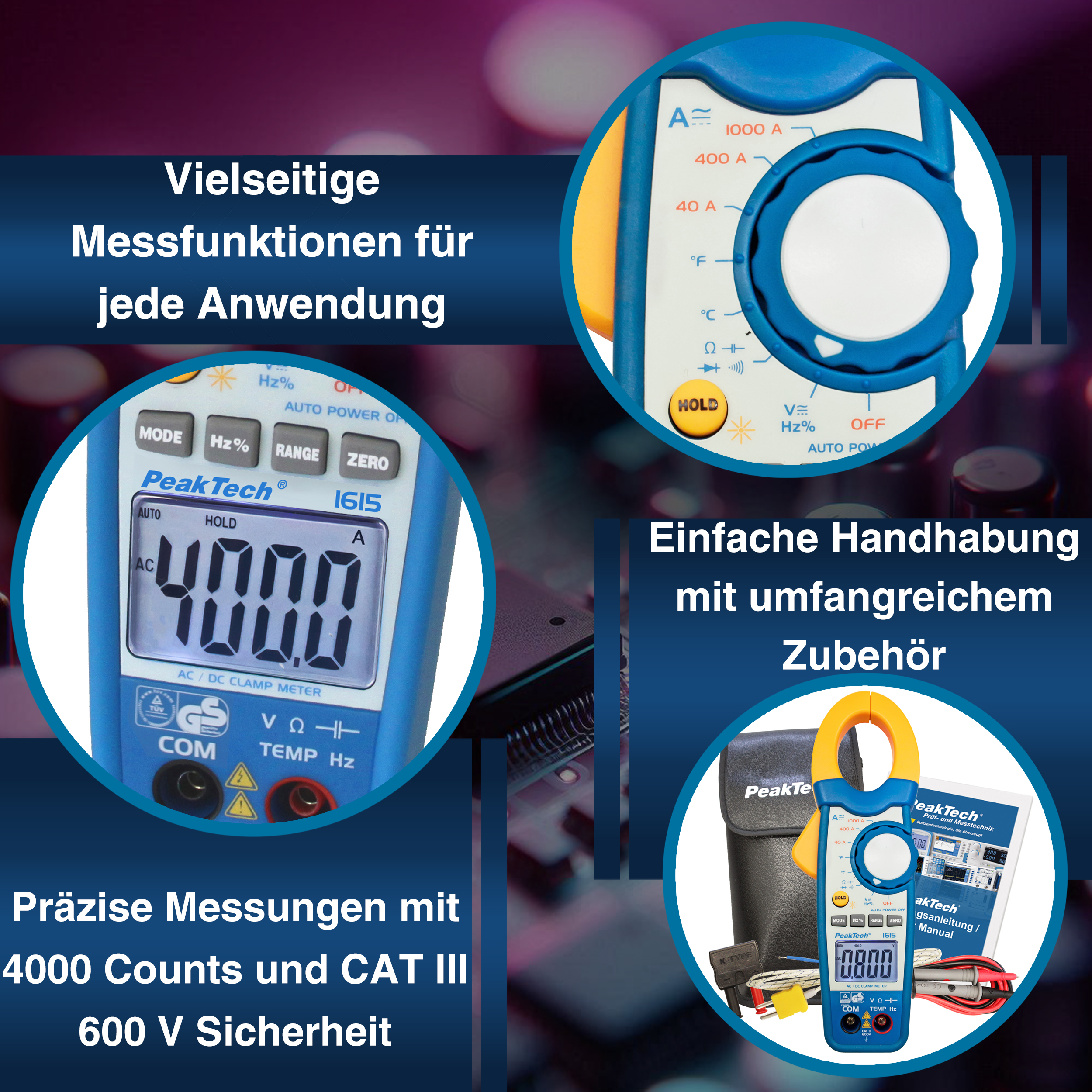 «PeakTech® P 1615» Clamp meter 4,000 counts 1000 A AC/DC