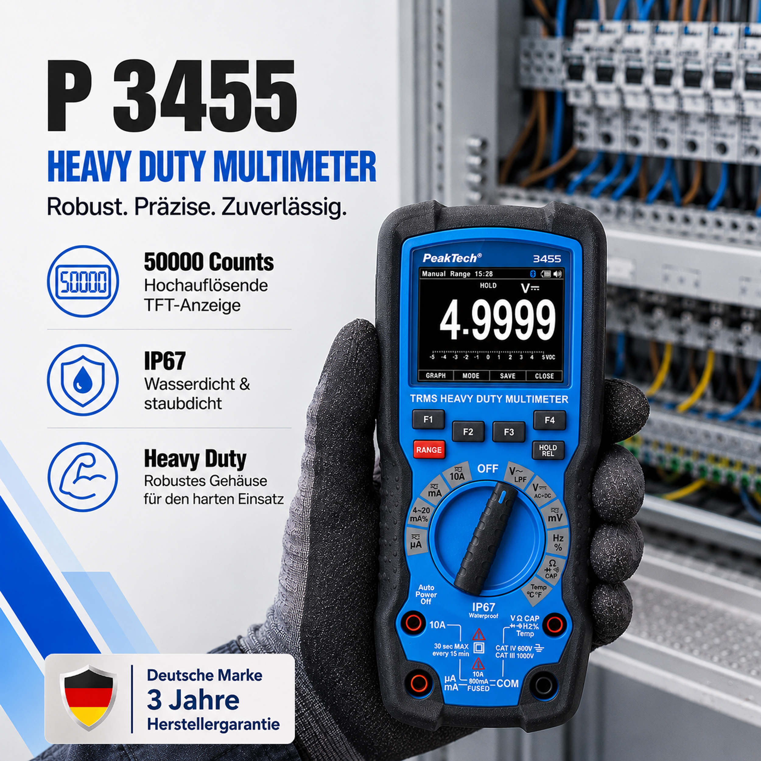 «PeakTech® P 3455»  Multimètre graphique haute performance ~ 50 000 points TFT ~ 1 000 V AC/DC avec True RMS, IP67, Bluetooth