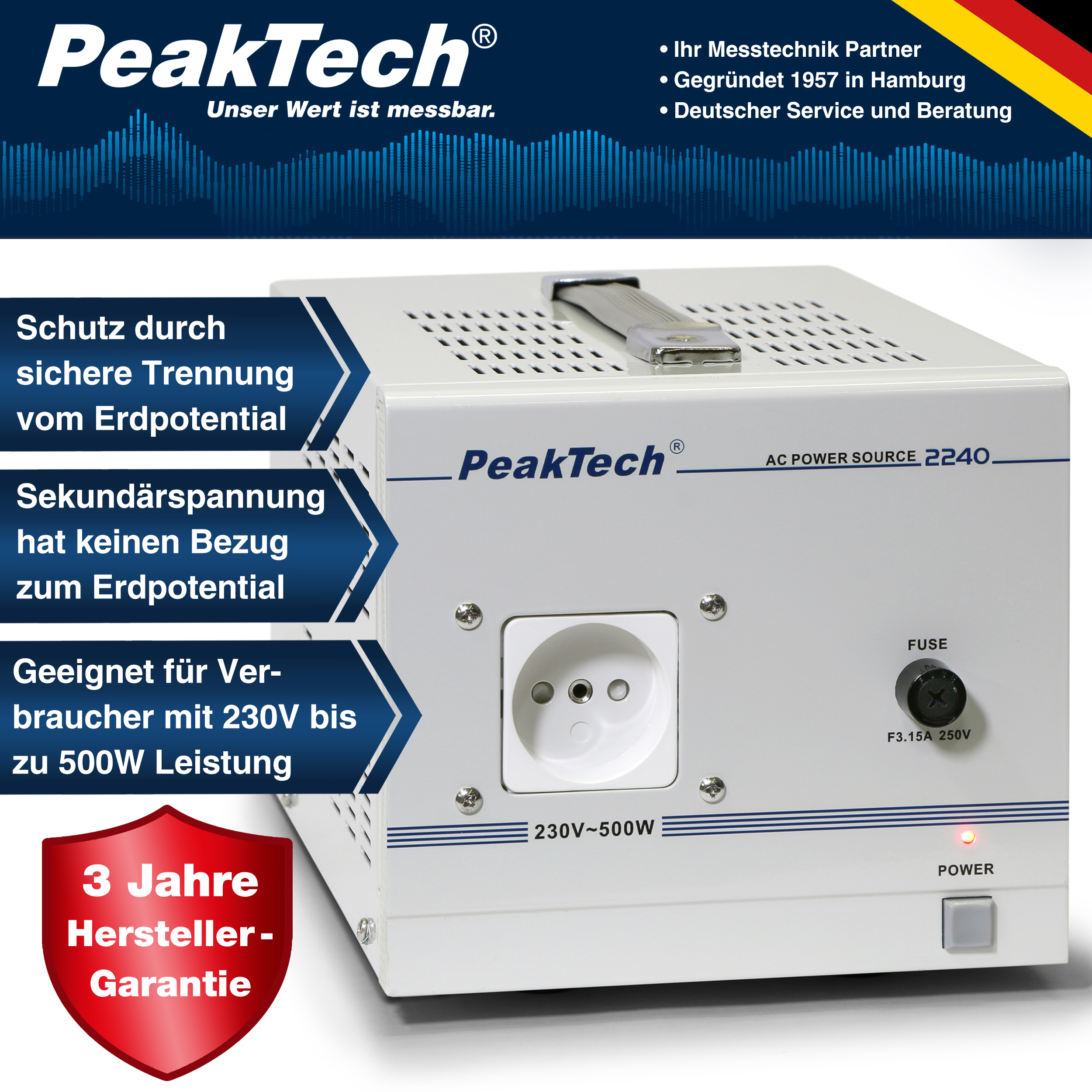 «PeakTech® P 2240» Isolating transformer, 230 V, 500 W.