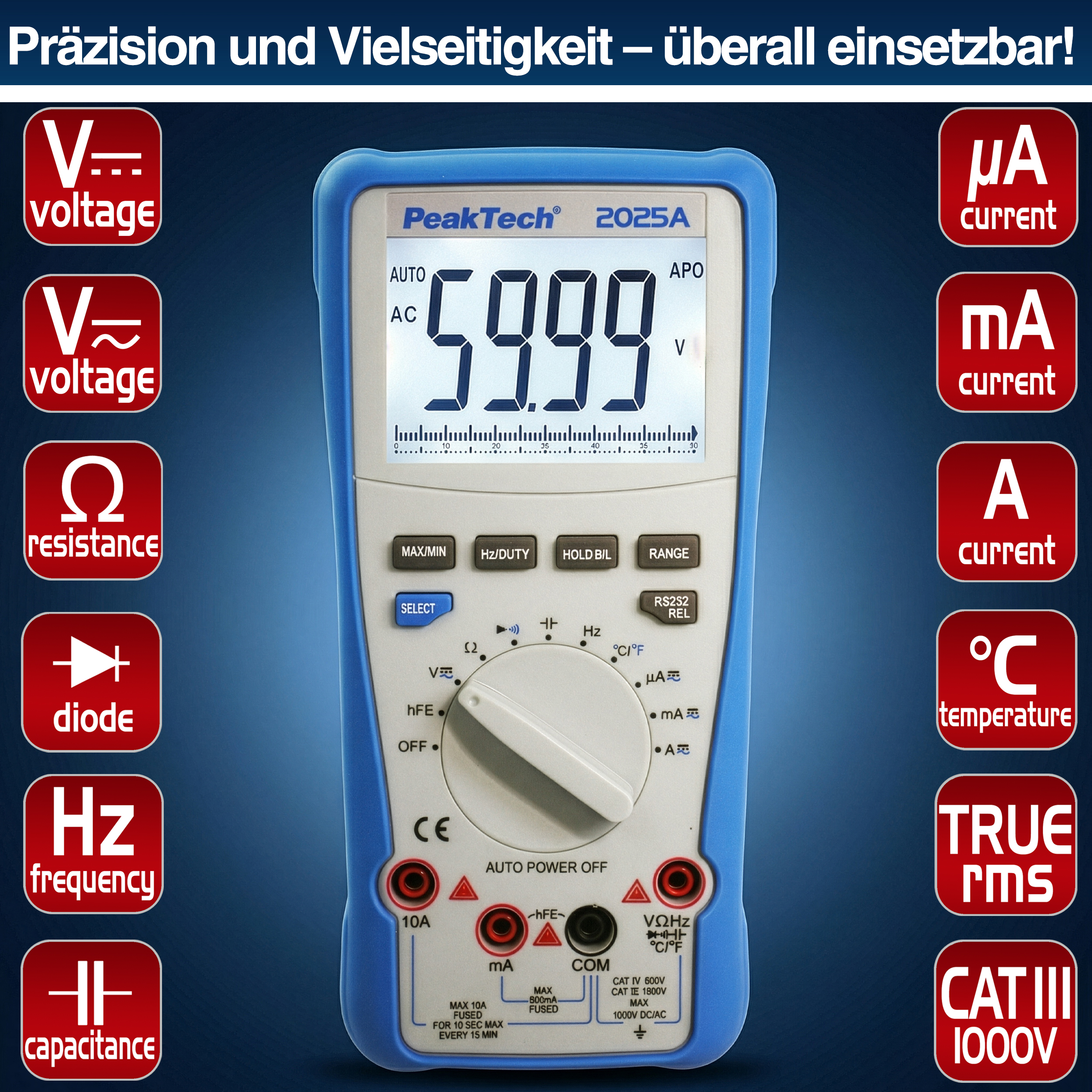 «PeakTech® P 2025 A» True RMS digital multimeter ~ 6.000 Counts ~ 1000V AC/DC ~ 10A AC/DC ~ USB