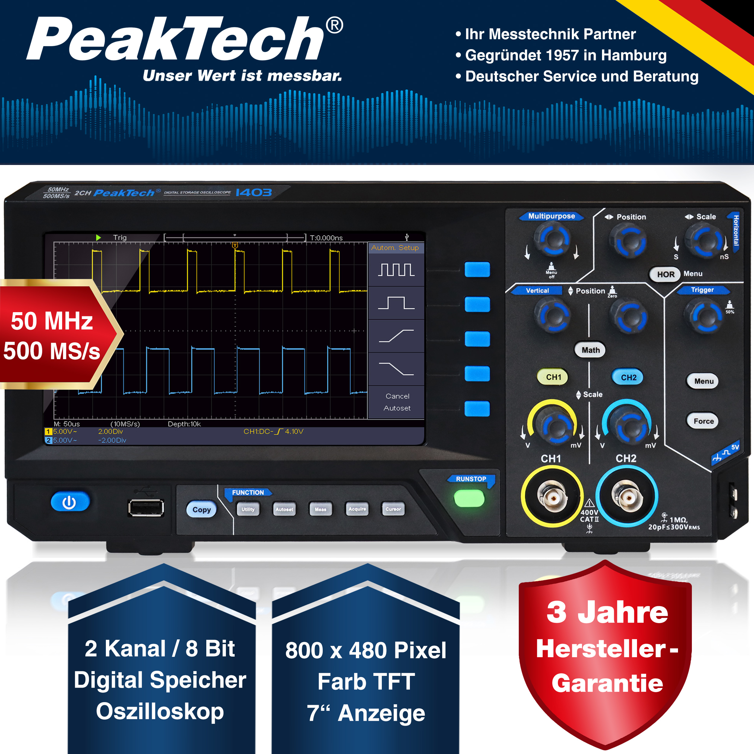 «PeakTech® P 1403» 50 MHz / 2CH, 500MS/s Digital storage oscilloscope