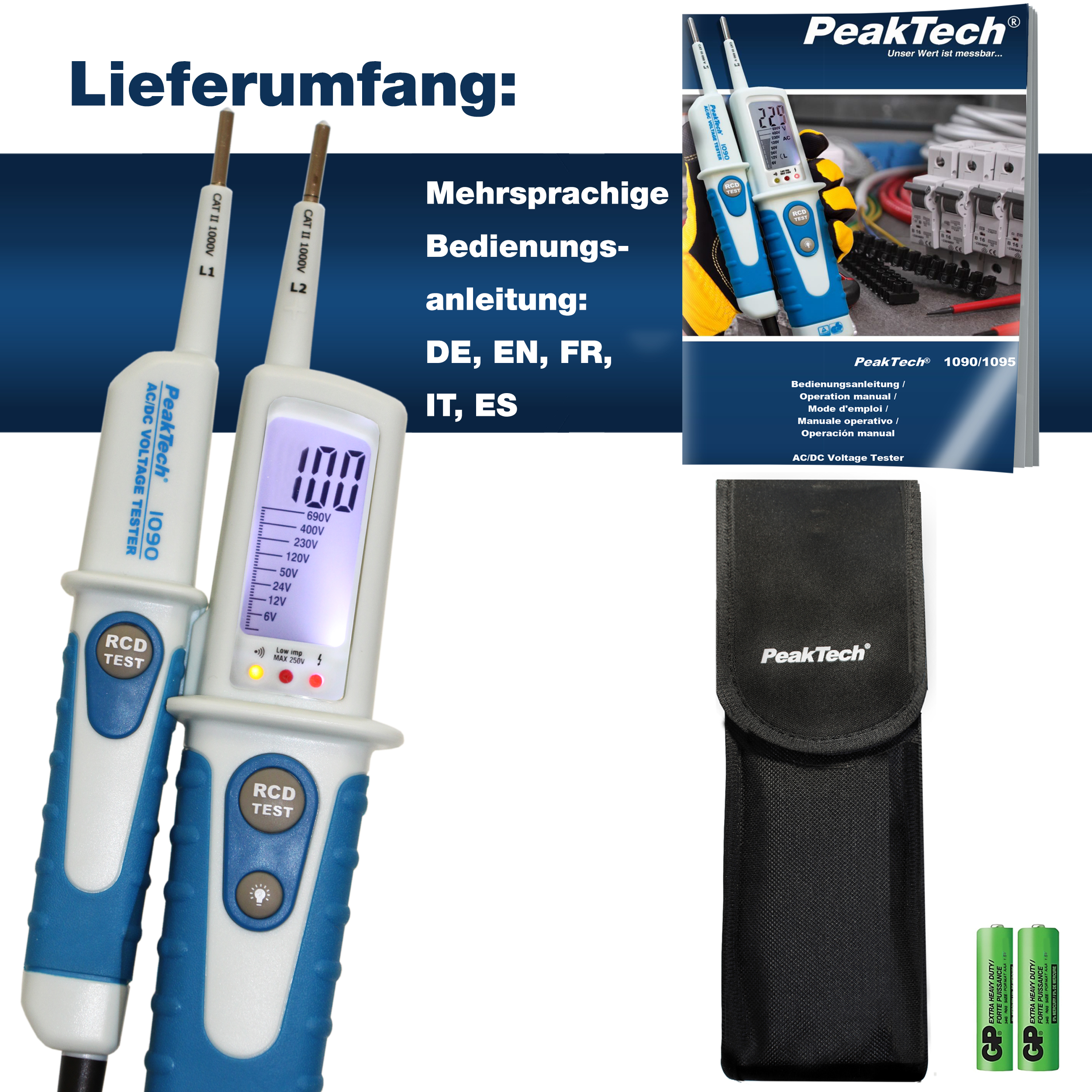 «PeakTech® P 1090» Medidor de Voltaje AC/DC, test RCD, display LCD