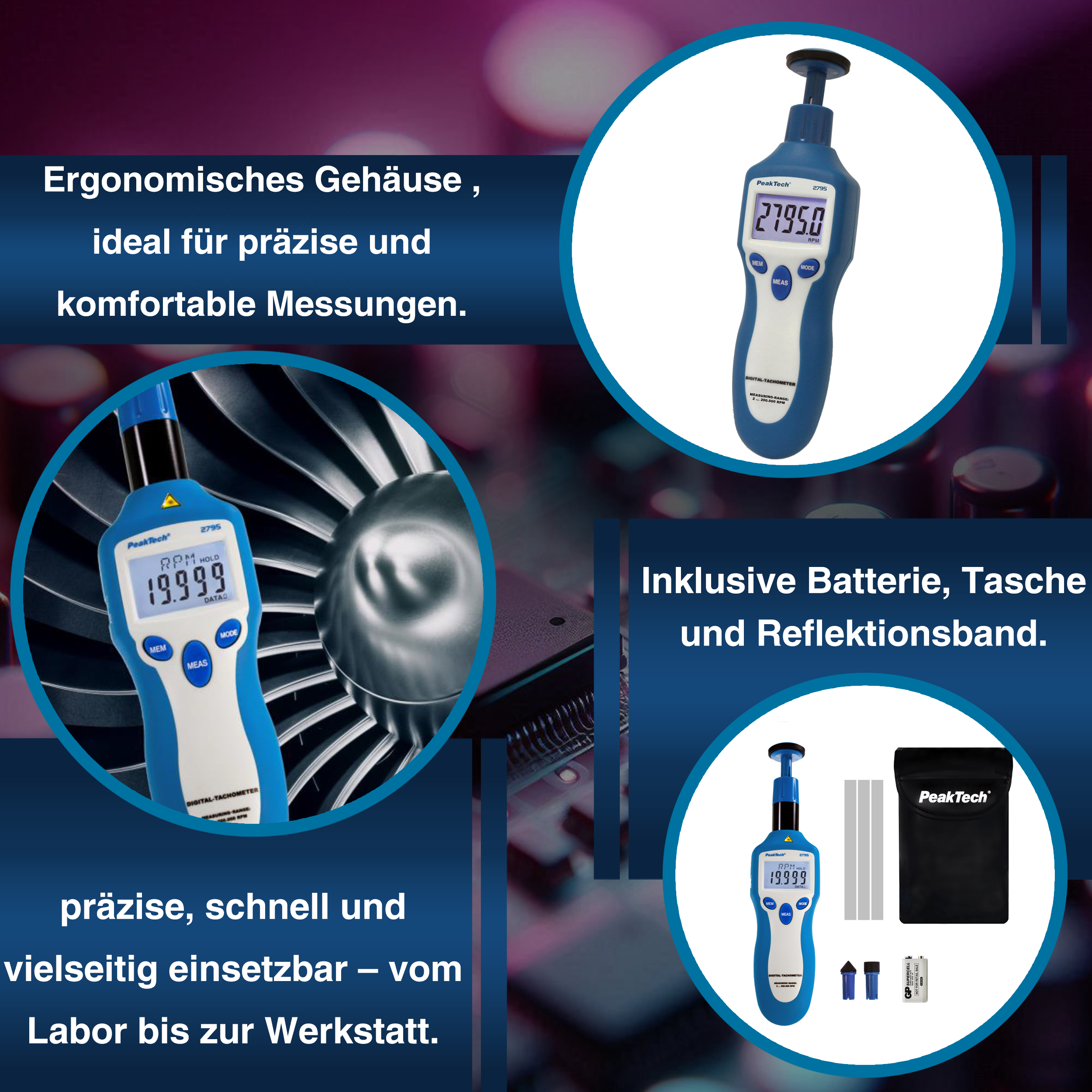 «PeakTech® P 2795» Drehzahlmessgerät Photo-Kontakt-Typ mit Laser